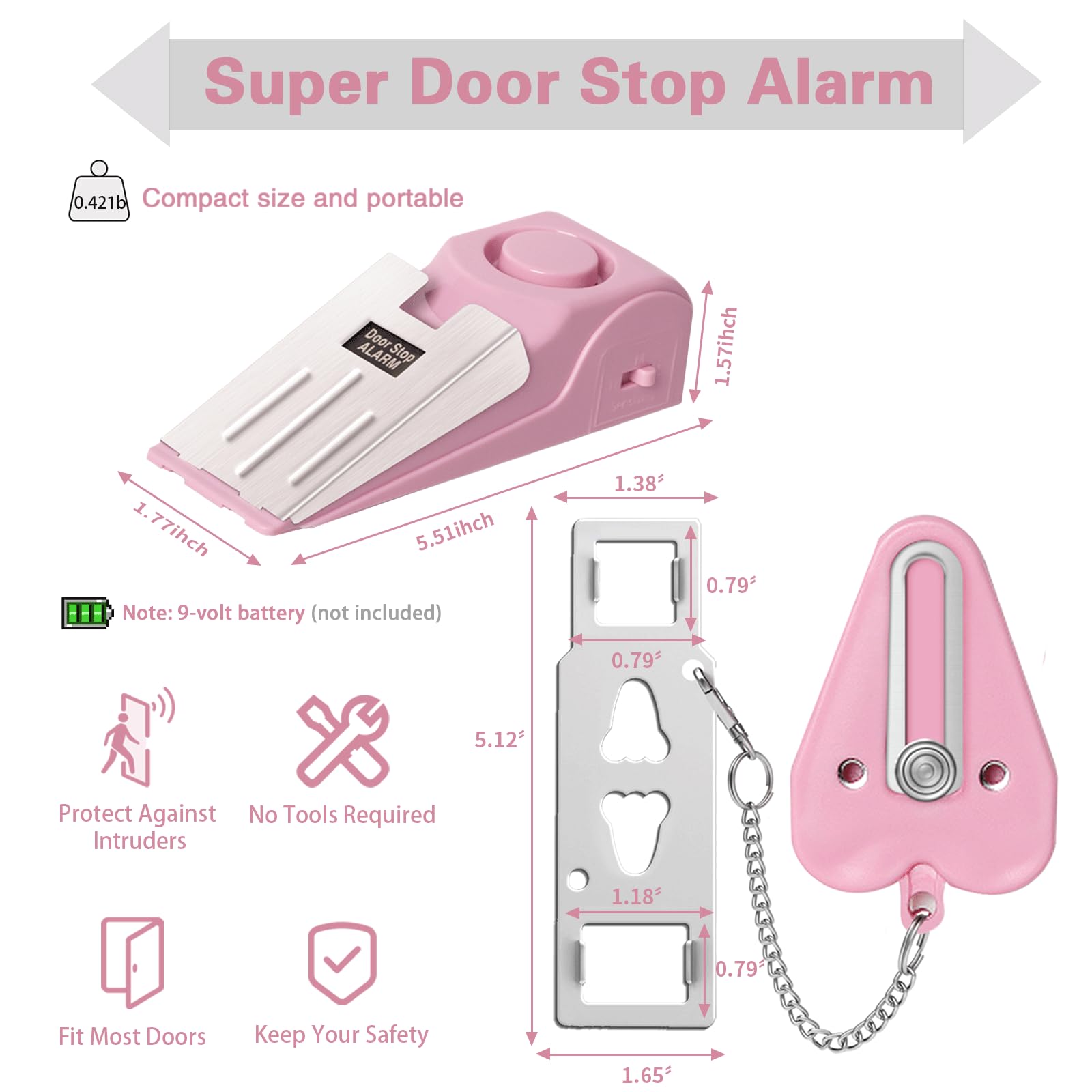 Portable Door Lock & Door Stop Alarm Set - Dual Protection Home Security Kit for Travel, Hotels & Apartments | Self Defense Safety Device for Women & Solo Travelers | Perfect for Airbnb, Dorm Rooms & Emergency Situations (Pink)