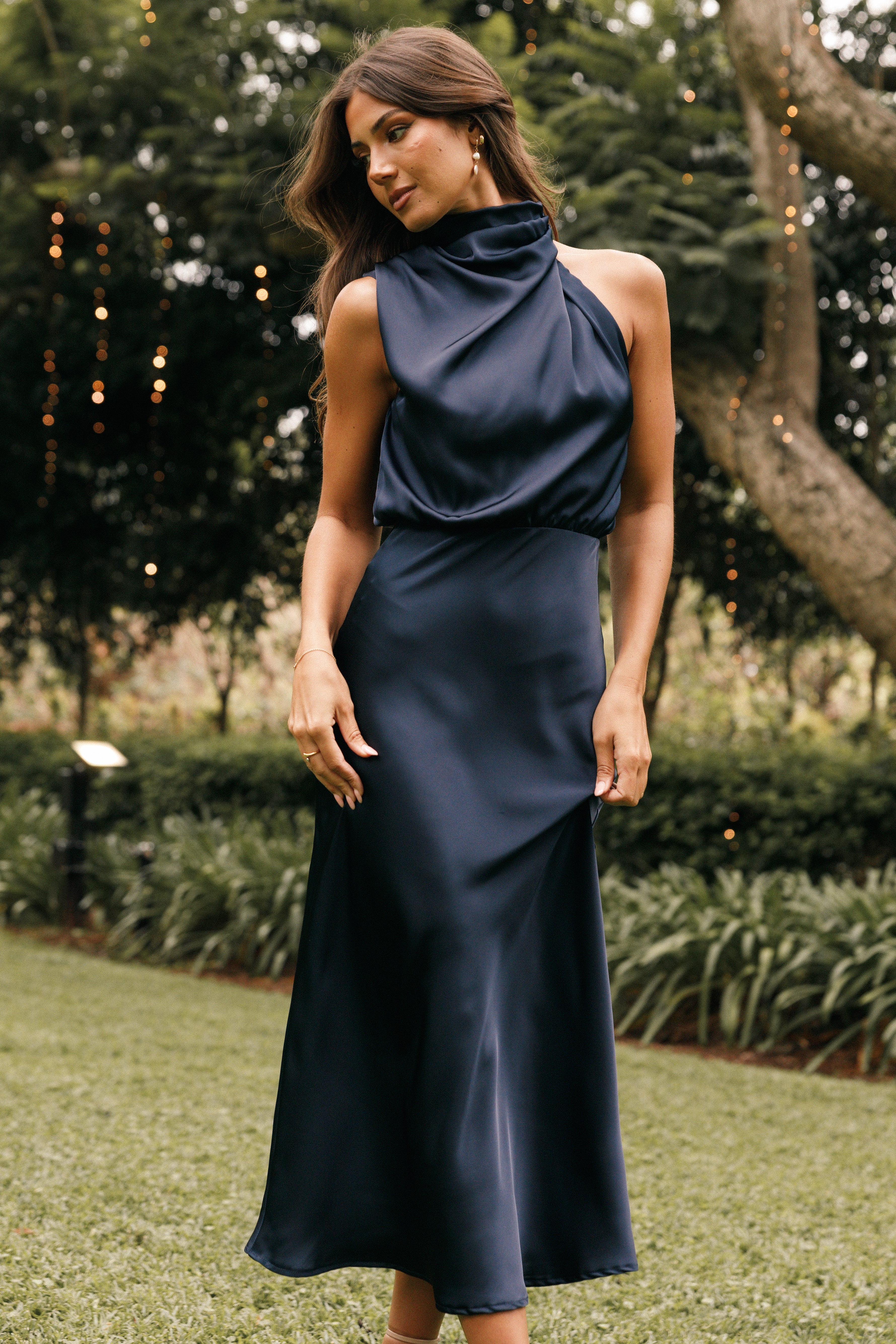 Anabelle Halter Neck Midi Dress - Navy Blue Flowy Summer Dress for Women | Perfect for Beach Vacations, Date Nights & Outdoor Parties
