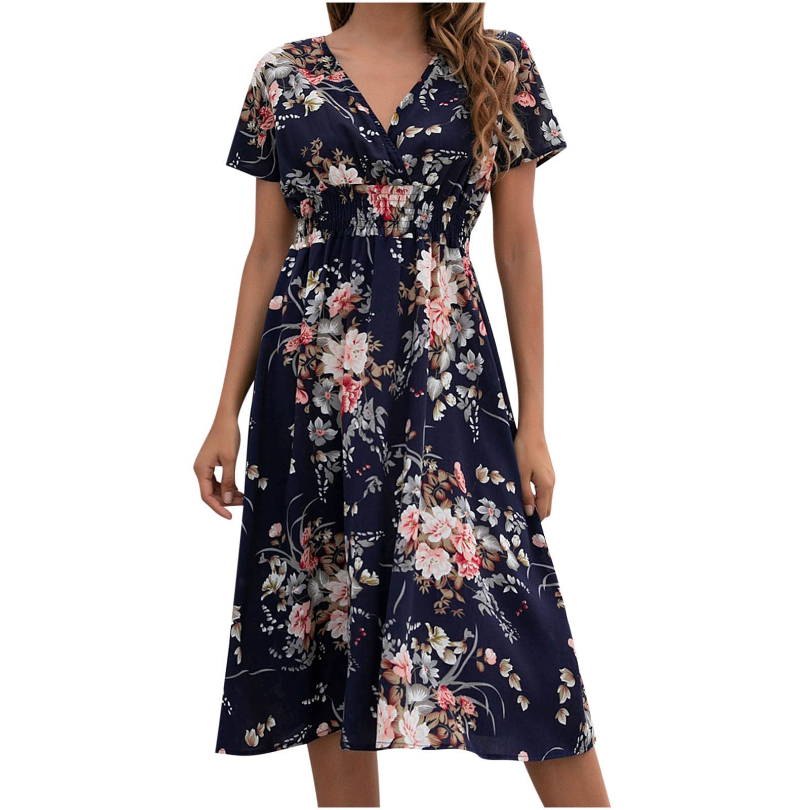 Floral Print Midi Dress for Women - Smocked Waist, V-Neck Summer Sundress for Beach, Holiday & Casual Wear | YZHM Swing Dress for Outdoor Parties, Vacations & Everyday Style
