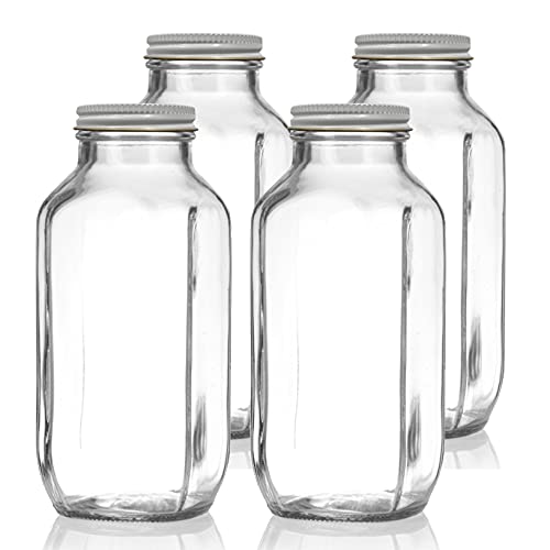 French Square Glass Drinking Bottles 16 Ounce (4 Pack) - Reusable Glass Water Bottles for Juicing, Smoothies, Kombucha, Tea & Milk - Perfect for Home, Office, Gym & Outdoor Activities