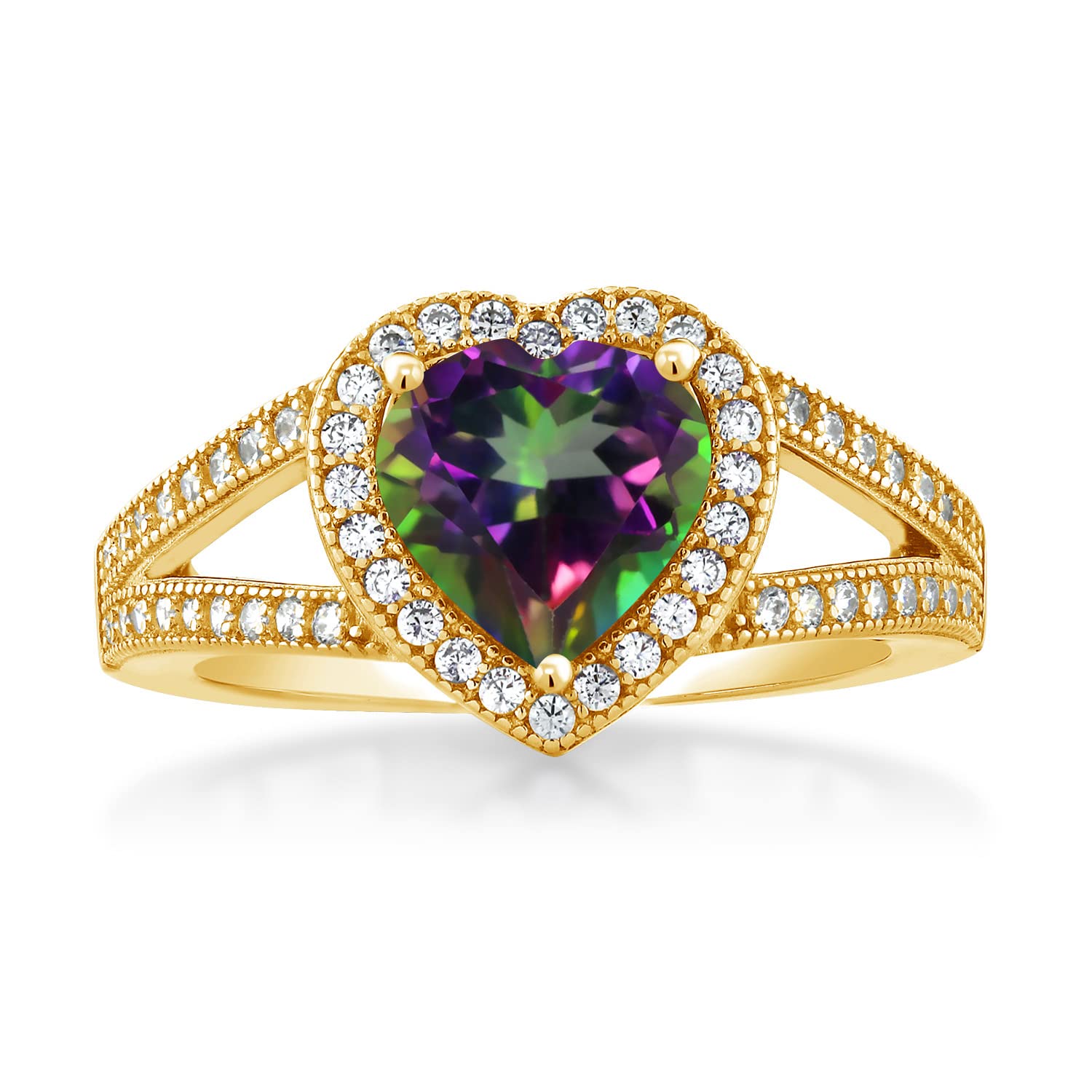Gem Stone King 18K Yellow Gold Plated Silver Heart Shaped Ring with Mystic Topaz & Moissanite (2.49 Cttw) - Elegant Jewelry for Valentine's Day, Anniversary Gifts & Special Occasions