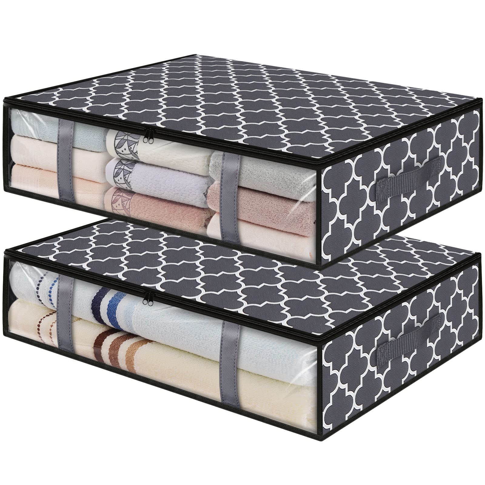 Foldable Under Bed Storage Bins with Handles - 2-Pack Grey Clothes Organizer for Comforters, Blankets, Sweaters & Toys | Space-Saving Bedroom & Closet Storage Solution