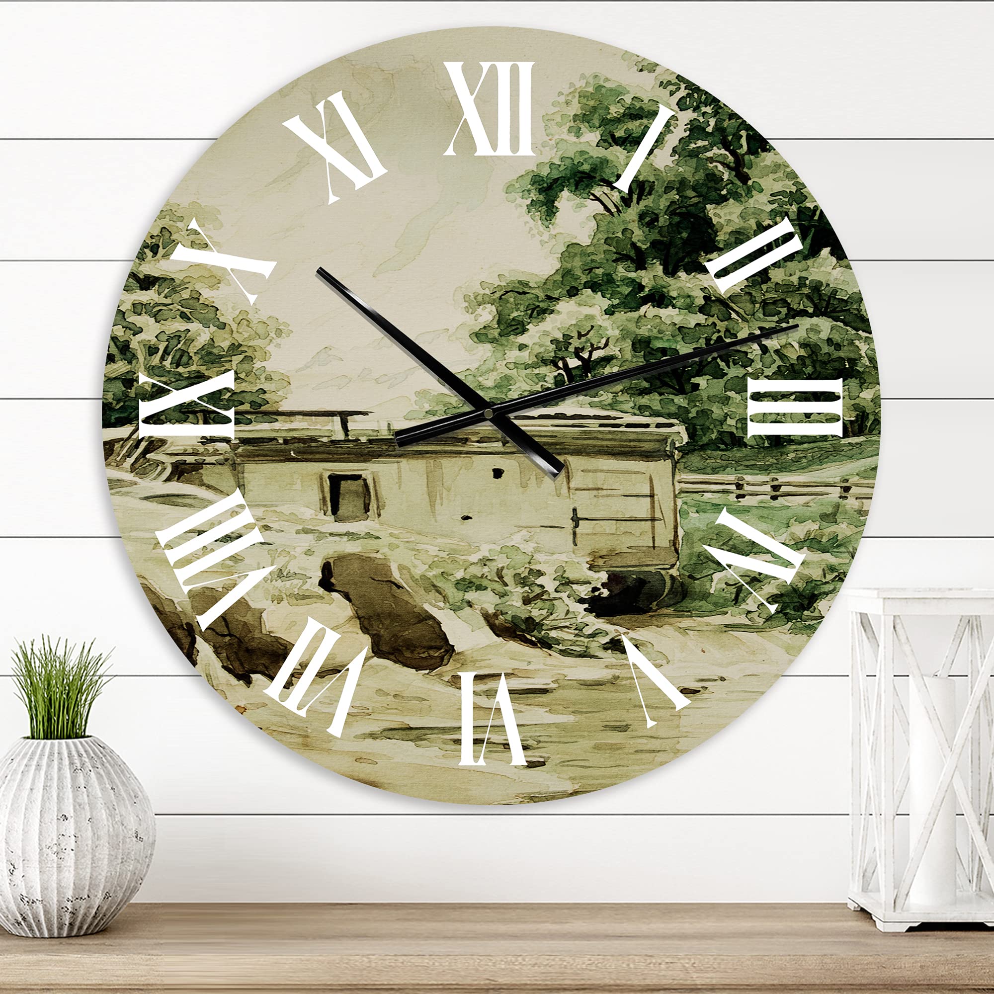 DesignQ Large Wall Clock - 'Cabin in The Mountains' Rustic Wooden Wall Clock with Nature Landscape for Cabin, Lodge & Home Decor - Perfect for Living Room, Bedroom or Office
