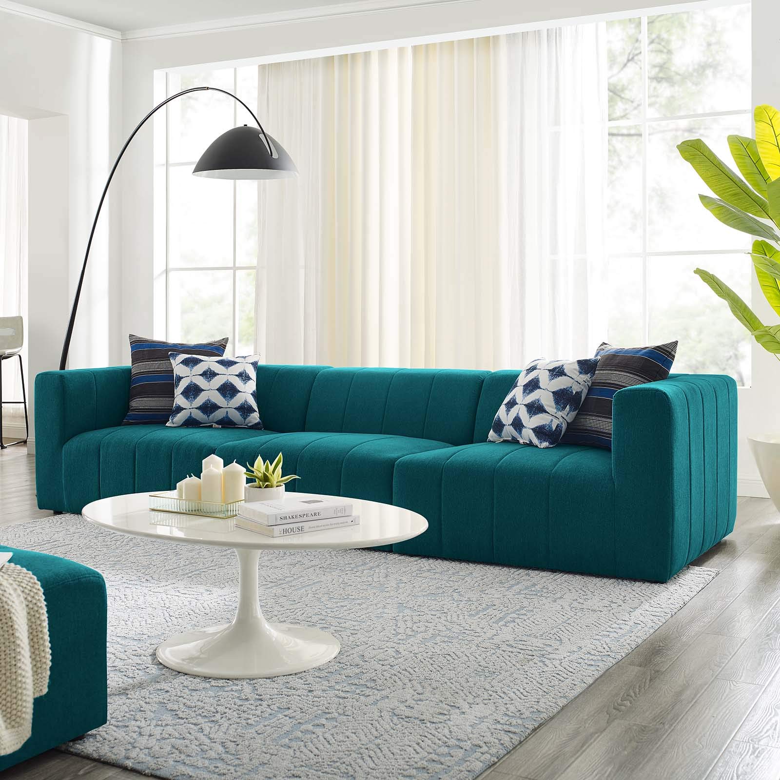 Modway Bartlett Channel Tufted Upholstered 3-Piece Sectional Sofa in Teal - Modern Living Room Furniture for Small Spaces & Apartments