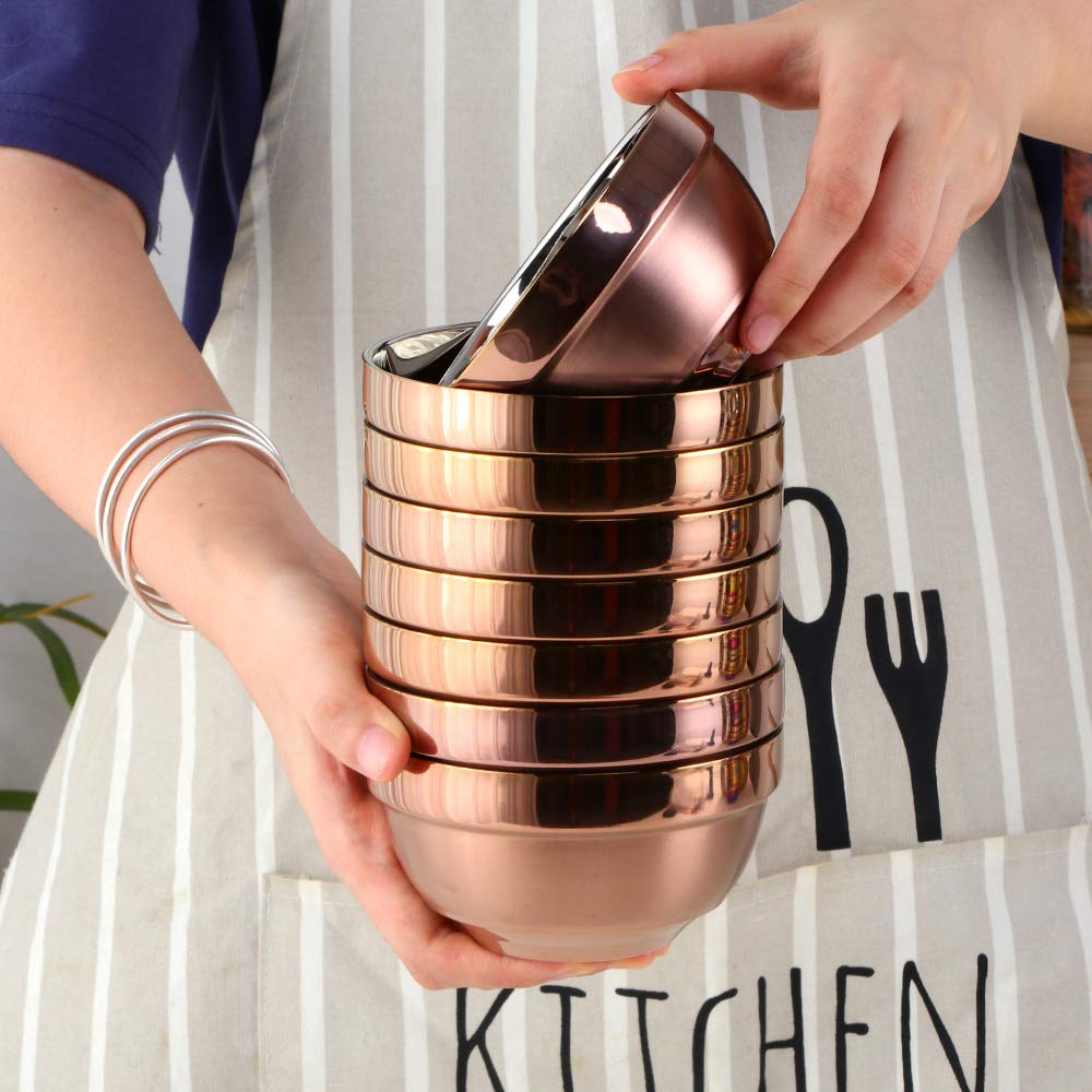 Premium 24-Piece SUS 304 Stainless Steel Bowl Set with Spoons & Chopsticks - 19oz Double-Walled Metal Rice & Cereal Serving Bowls for Restaurant, Home Kitchen - Family & Kids Friendly Rose Gold Dinnerware Set - Perfect for Asian Cuisine, Meal Prep, Camping & Party Serving