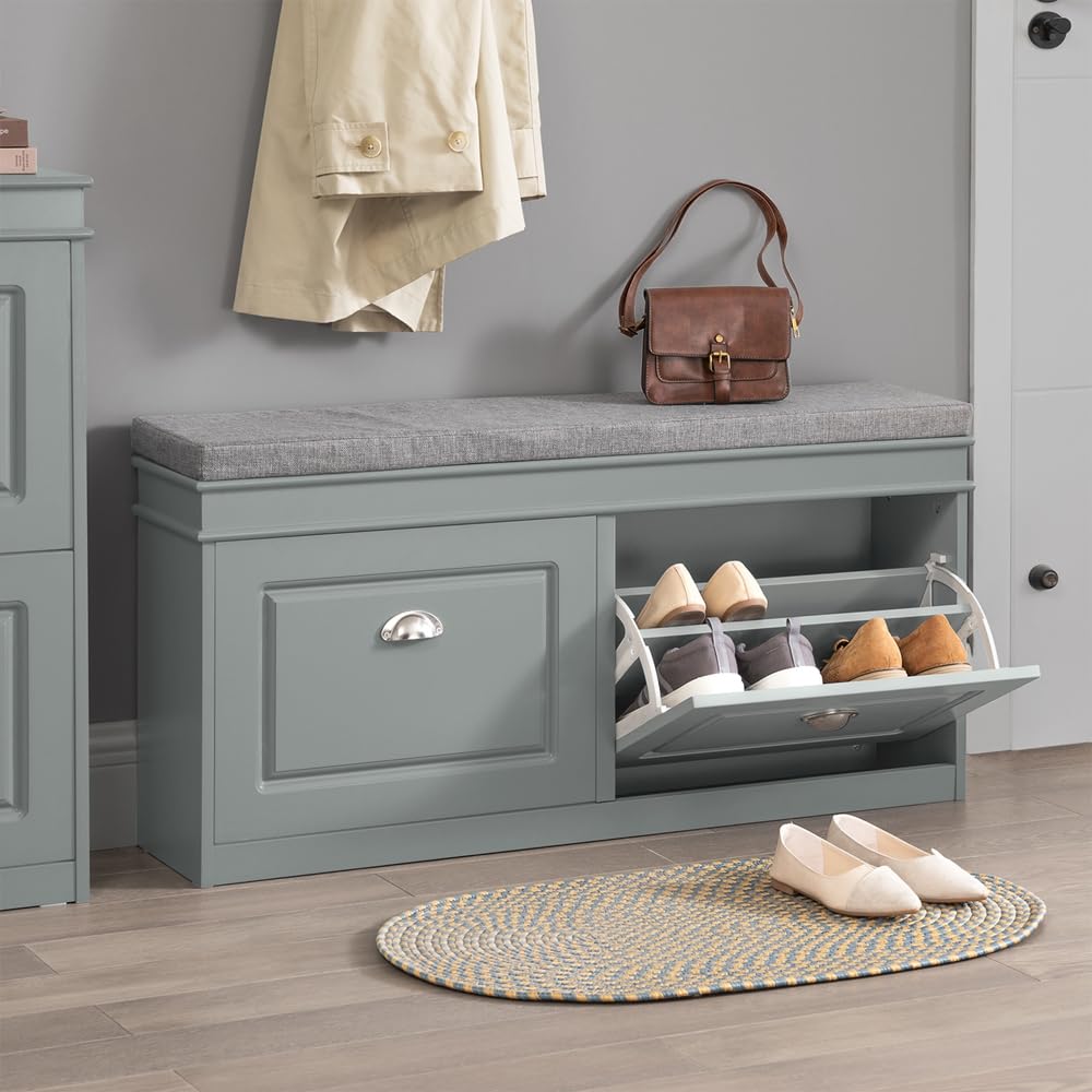 Modern Shoe Storage Bench with 2 Flip Drawers & Cushion - Entryway Shoe Cabinet Organizer for Hallway, Grey FSR64-HG | Perfect for Small Spaces, Mudroom Organization & Shoe Storage Solution