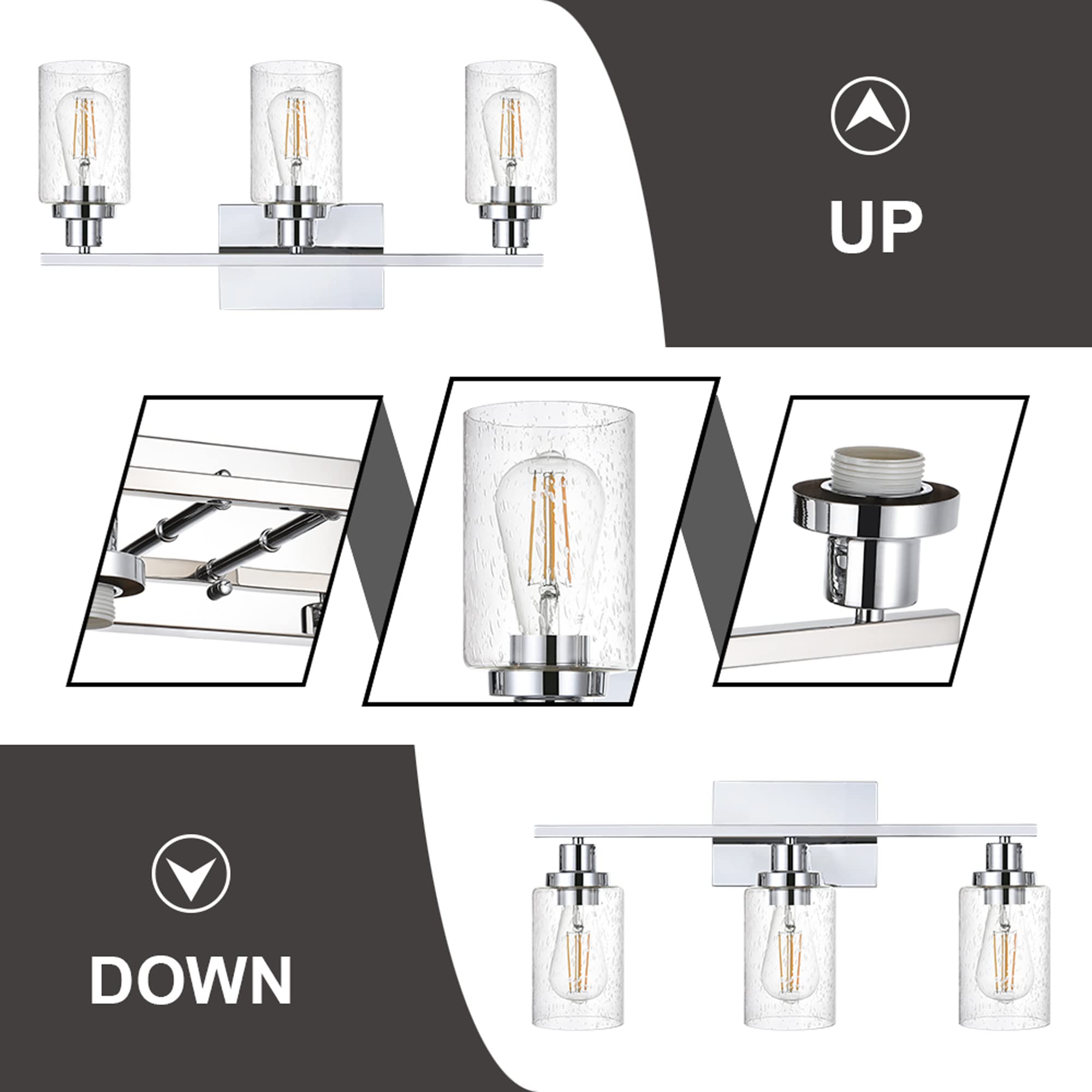 MELUCEE 3-Light Chrome Vanity Bathroom Mirror Lights with Bubbled Glass Shades - Modern Wall Sconce Lighting for Bathroom, Hallway, Kitchen & Foyer - Dimmable Indoor Fixture (Patent: US D963914 S) - Perfect for Makeup Vanity, Dressing Room & Home Decor