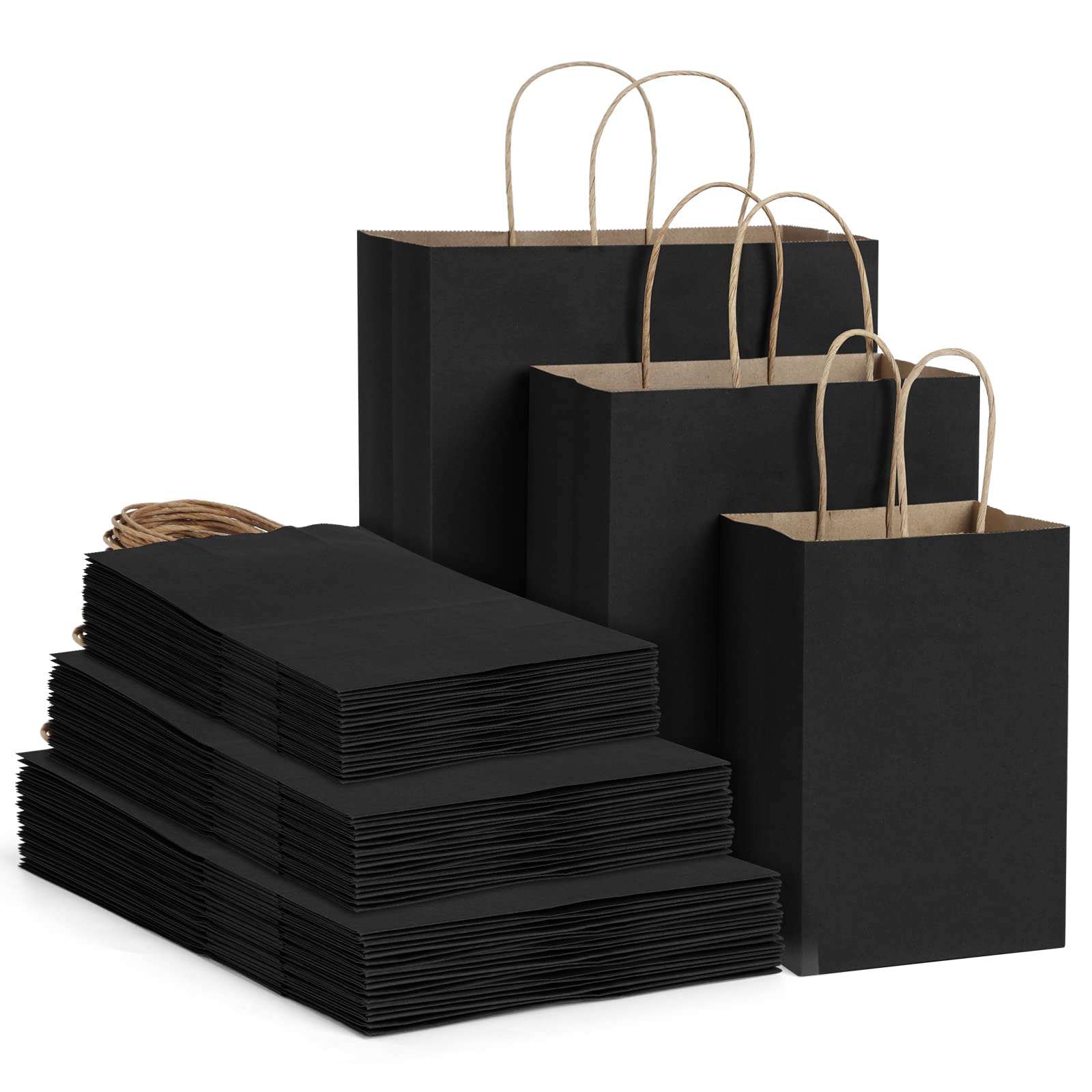 Premium Black Kraft Paper Gift Bags with Handles - 5x3x8, 8x4x10 & 10x5x13 Inches (30 Pack) - Eco-Friendly Party Favor Bags for Birthdays, Retail Shopping, Grocery Takeout & Wedding Favors