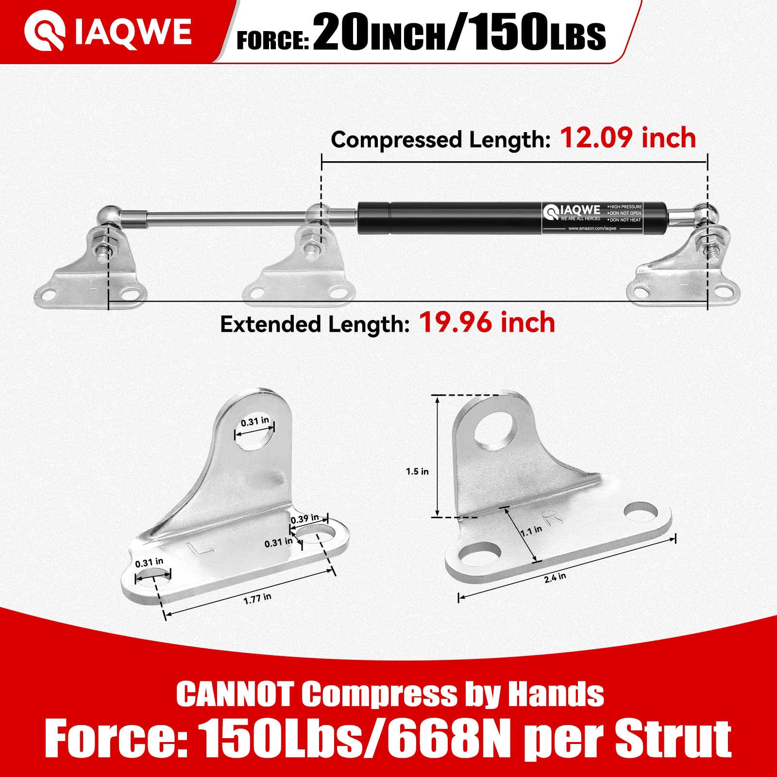 20 Inch 150LBS/668N Heavy Duty Gas Struts Lift Support - Perfect for RV Beds, Toolboxes, TV Cabinets, Floor Hatches, Trash Bins & Outdoor Benches (2-Pack) by IAQWE - Durable Support for Smooth Opening & Closing Motion