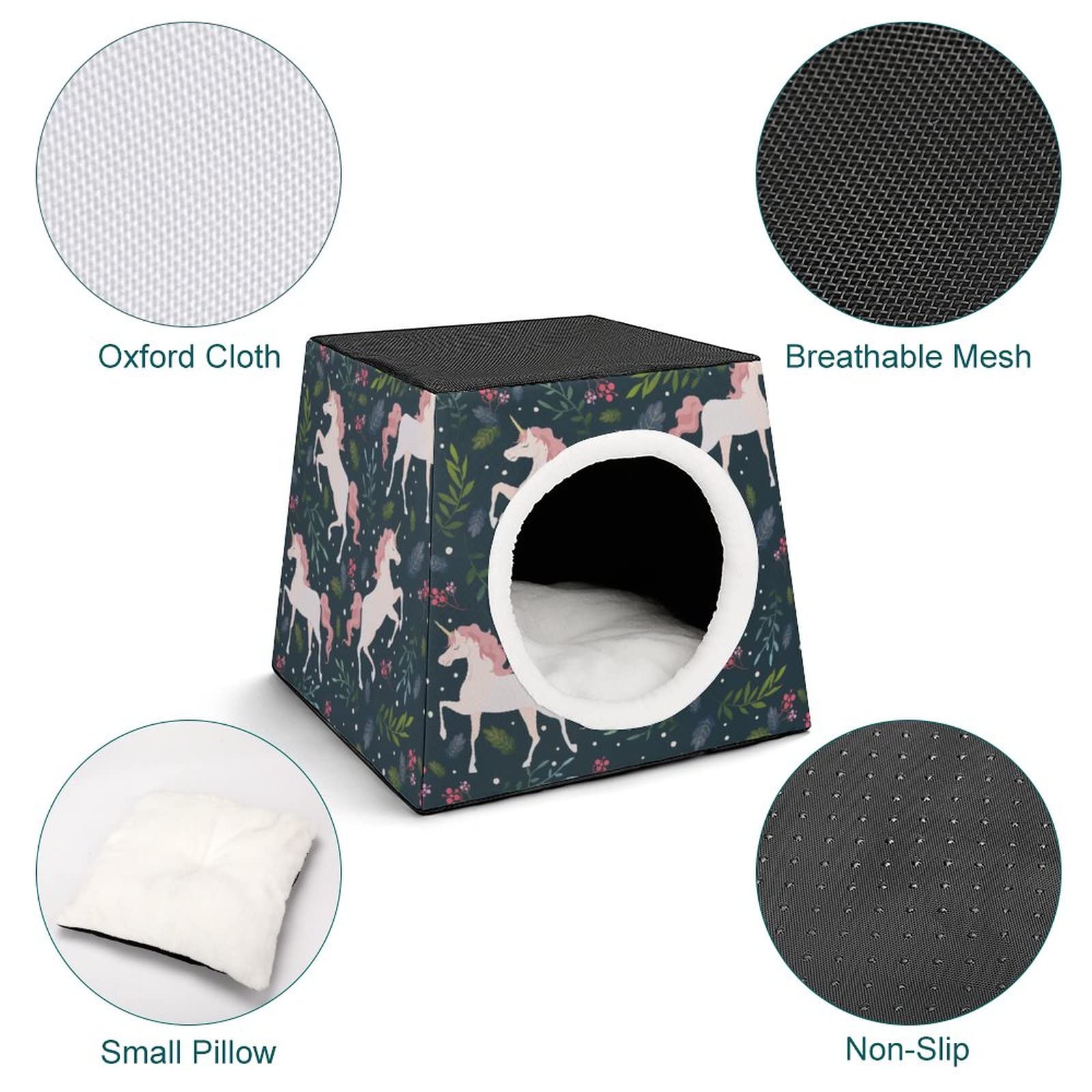 3-in-1 Foldable Cat House with Removable Cushion - Cat Bed, Sofa & Scratching Toy for Indoor Cats (Unicorn Dark Green) - Perfect for Small Spaces, Apartment Living & Multi-Cat Homes