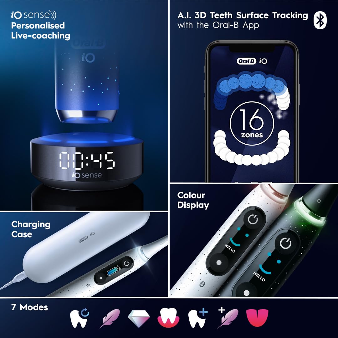 Oral-B iO Series 10 Rechargeable Electric Toothbrush with Pressure Sensor, 2-Minute Timer & 7 Cleaning Modes - Includes 4 Brush Heads & Travel Case - Perfect for Travel, Home & Sensitive Teeth Care (White)