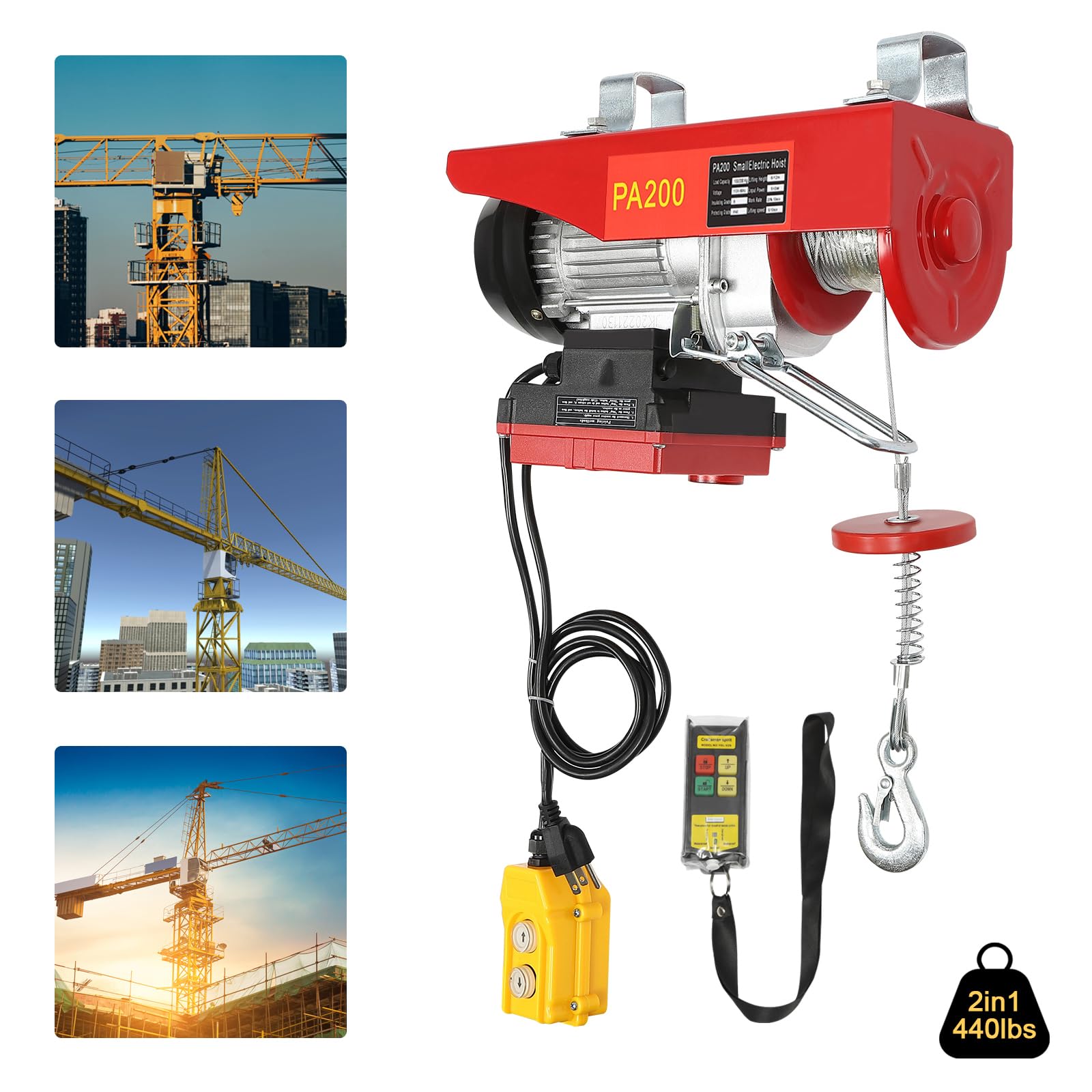 440 LBS Capacity 2-in-1 Wireless Electric Hoist - 510W 110V Steel Lift with Remote Control & Single/Double Slings - Perfect for Factory, Warehouse & Construction Site Lifting Operations