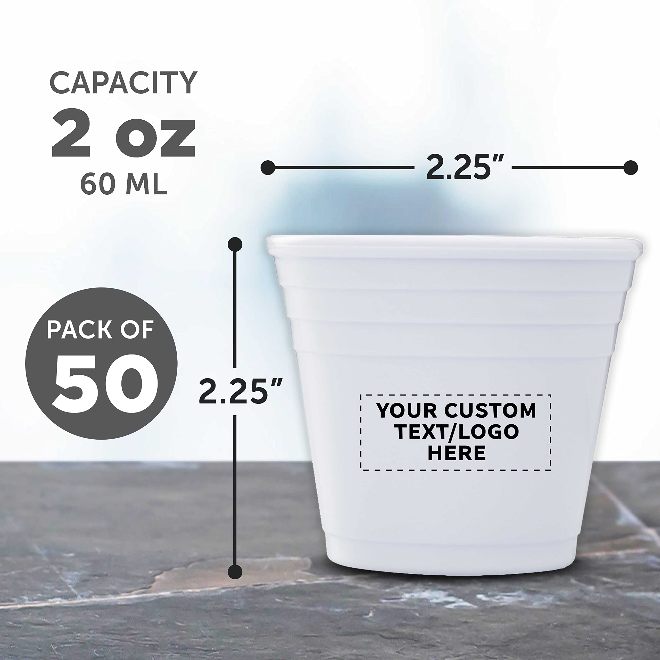 Personalized 2 oz Plastic Shot Glasses Bulk Pack - Set of 50 Custom Party Cups for Birthdays, Weddings & Events - Durable White Drinking Glasses for Indoor/Outdoor Celebrations, Bars and Home Entertaining