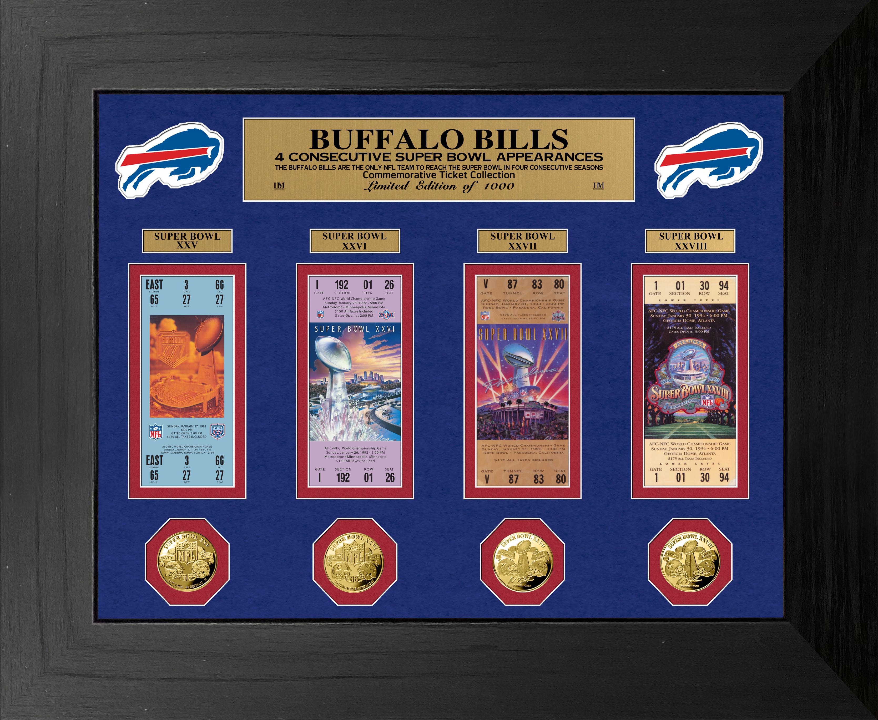 Buffalo Bills 4 Consecutive Super Bowl Appearances Commemorative Deluxe Ticket & Game Coin Collector's Set - Perfect for NFL Fans, Sports Memorabilia Collectors, and Man Cave Decor
