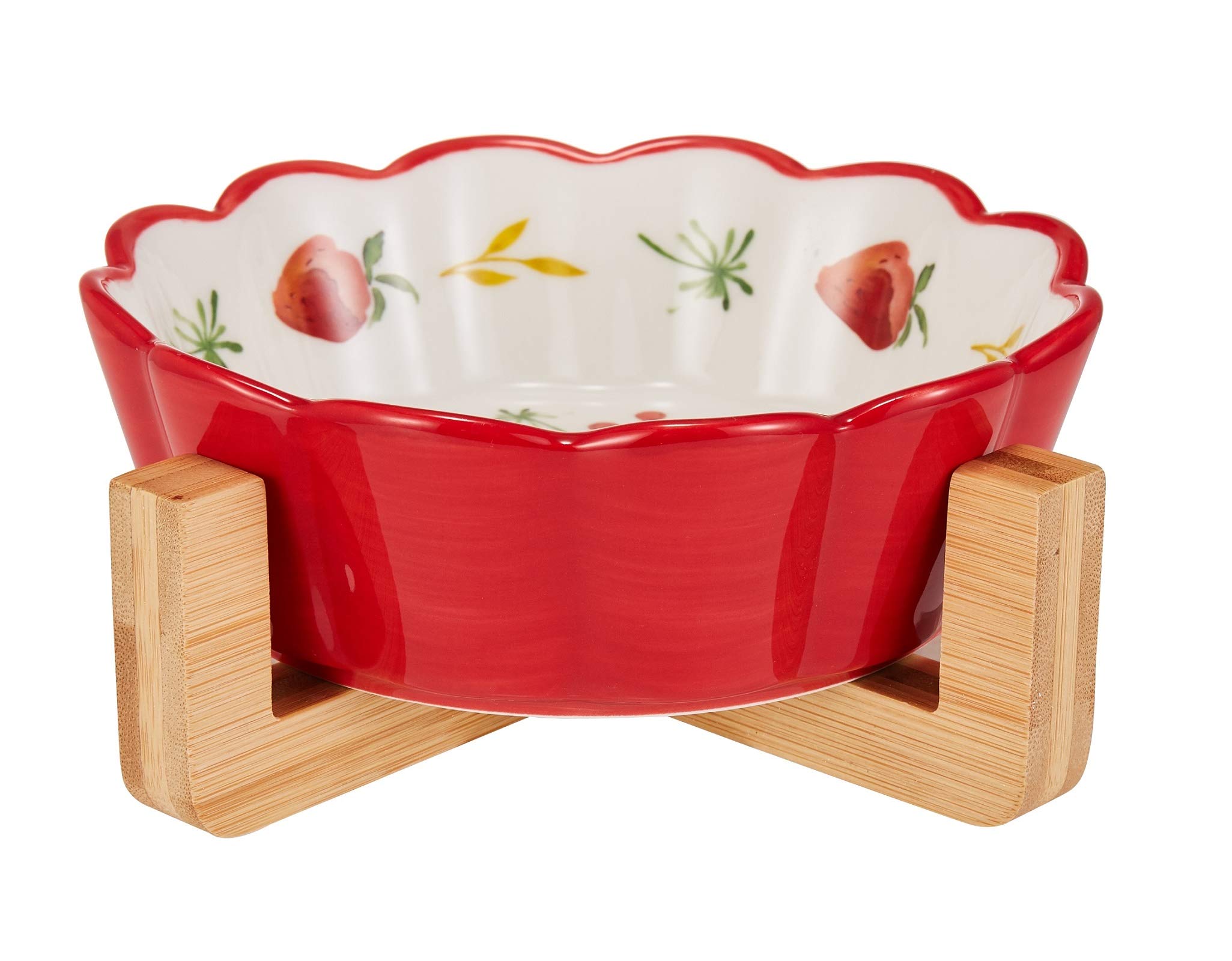 Elevated Ceramic Cat & Small Dog Food Bowl with Wood Stand - No Spill Pet Feeder, Dishwasher & Microwave Safe (Red, 5.9x5.9x2.6 Inch) - Perfect for Mess-Free Feeding in Kitchens & Living Spaces