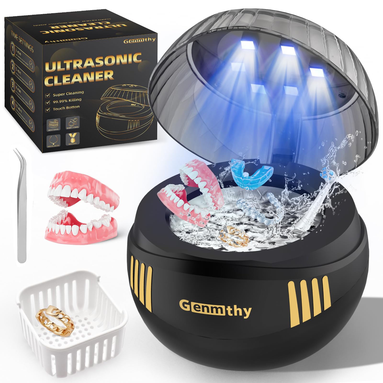 Ultrasonic Jewelry & Denture Cleaner Machine 45Khz with 6 LED Lights, Digital Timer & 4 Time Modes - Portable Retainer, Ring, Necklace, Watch Cleaner for Home, Travel & Dental Care