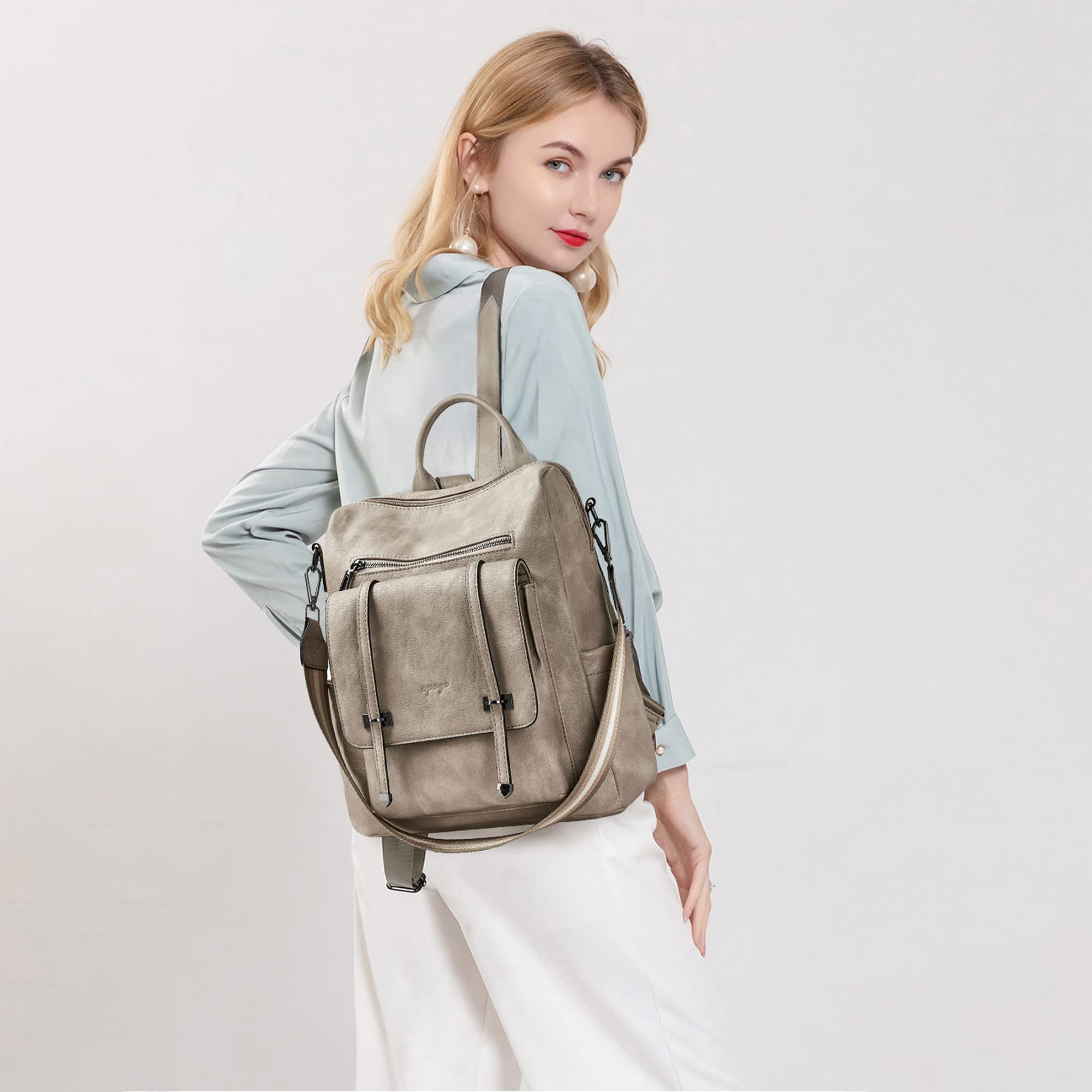 OPAGE Women's Leather Backpack Purse - 14 Inch Fashion Designer Shoulder Bag with Wristlet Strap, Grey - Perfect for Travel, Work & Daily Commute