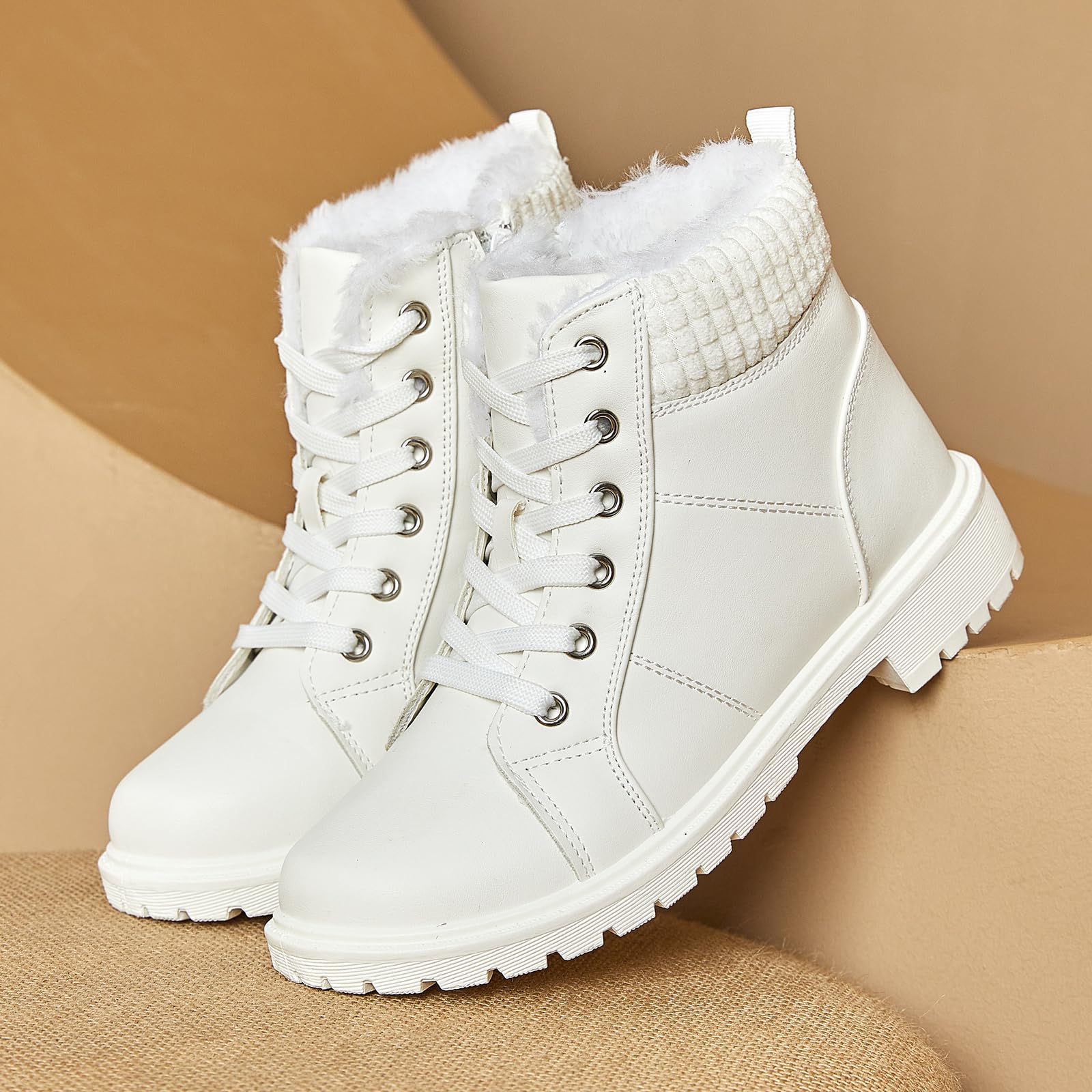 Women's Combat Boots - Black Ankle Booties with Side Zipper | Winter Snow Boots with Non-Slip Sole | Warm Fuzzy Lined Lace-Up Boots for Outdoor, Hiking & Streetwear Fashion