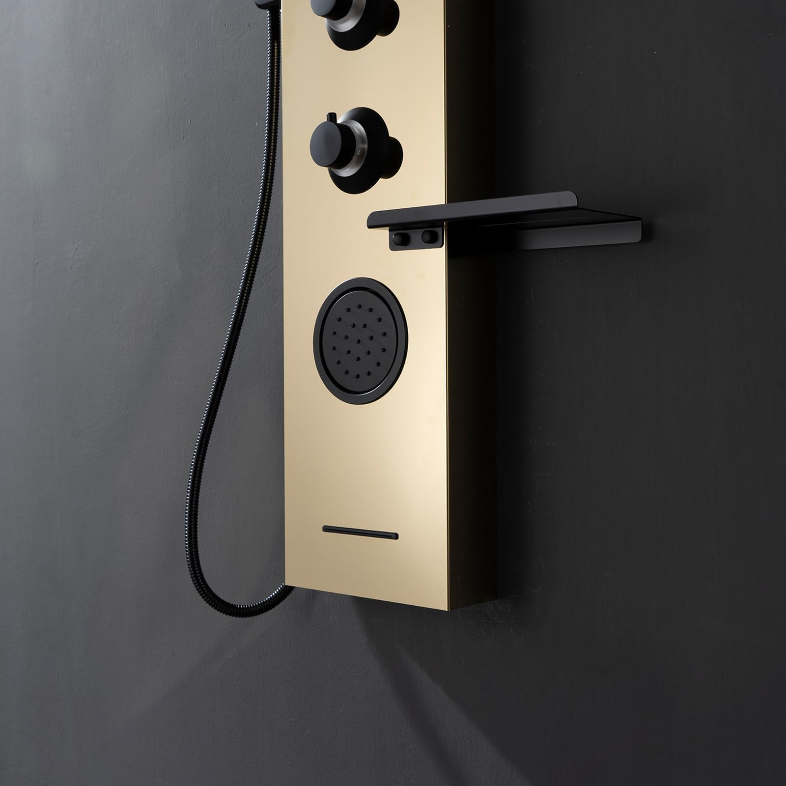 Premium LED Gold Shower Tower System - 304 Stainless Steel Shower Panel with Storage Shelf, Rainfall Shower Head & Massage Body Jets - Luxury Waterfall Bathtub for Modern Bathroom & Lavatory (Perfect for Spa-Like Relaxation & Elegant Home Upgrade)