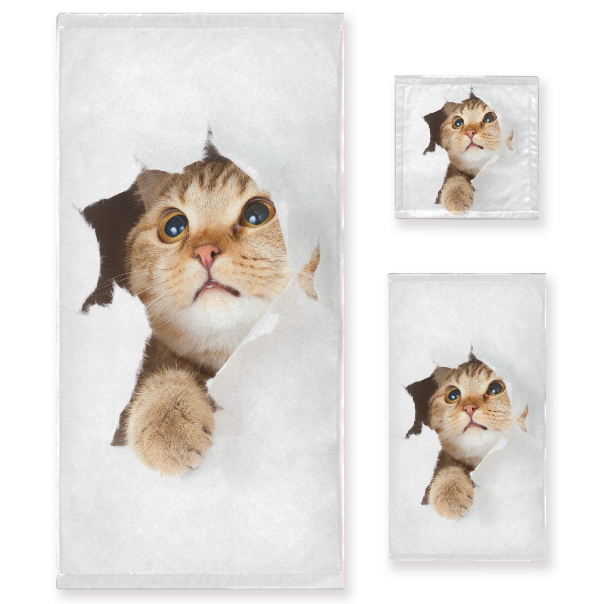 Premium 3-Piece Cat Towel Set - Super Soft & Absorbent Bath, Hand & Washcloth Set with Adorable Red Kitten Design | Quick-Drying Bathroom Towels for Kids, Teens & Cat Lovers (Perfect for Bath, Spa & Home Decor)