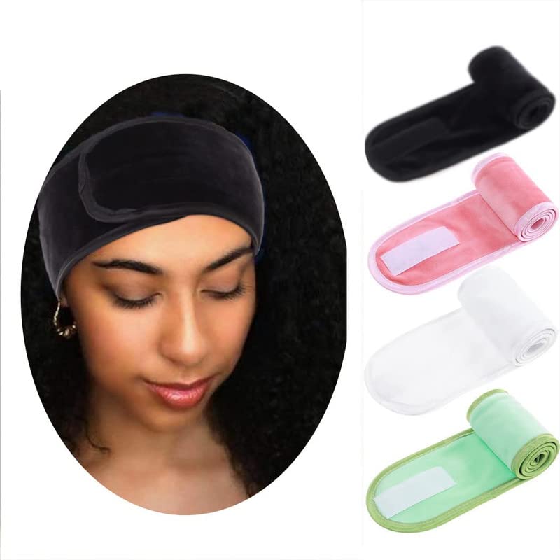 Soft Adjustable Terry Cloth Spa Headband for Face Washing, Makeup & Workout - Black Velcro Hair Band (Pack of 4) | Perfect for Skincare Routine, Bathing & Gym Sessions