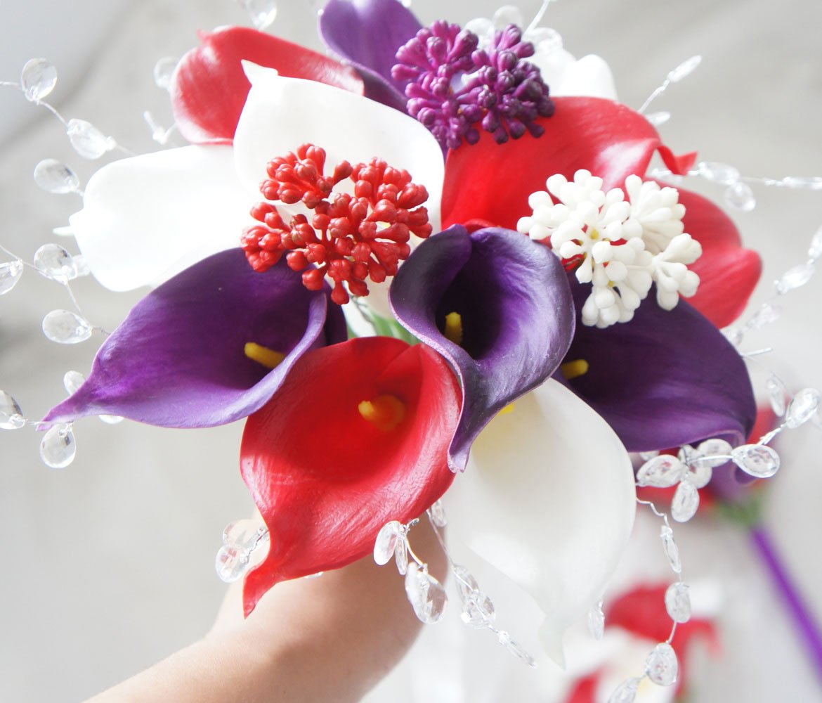 14-Piece Calla Lily Bridal Wedding Bouquets with Crystals - Artificial Silk Flower Arrangement for Wedding Decor, Bridal Shower, Centerpieces & Home Decoration