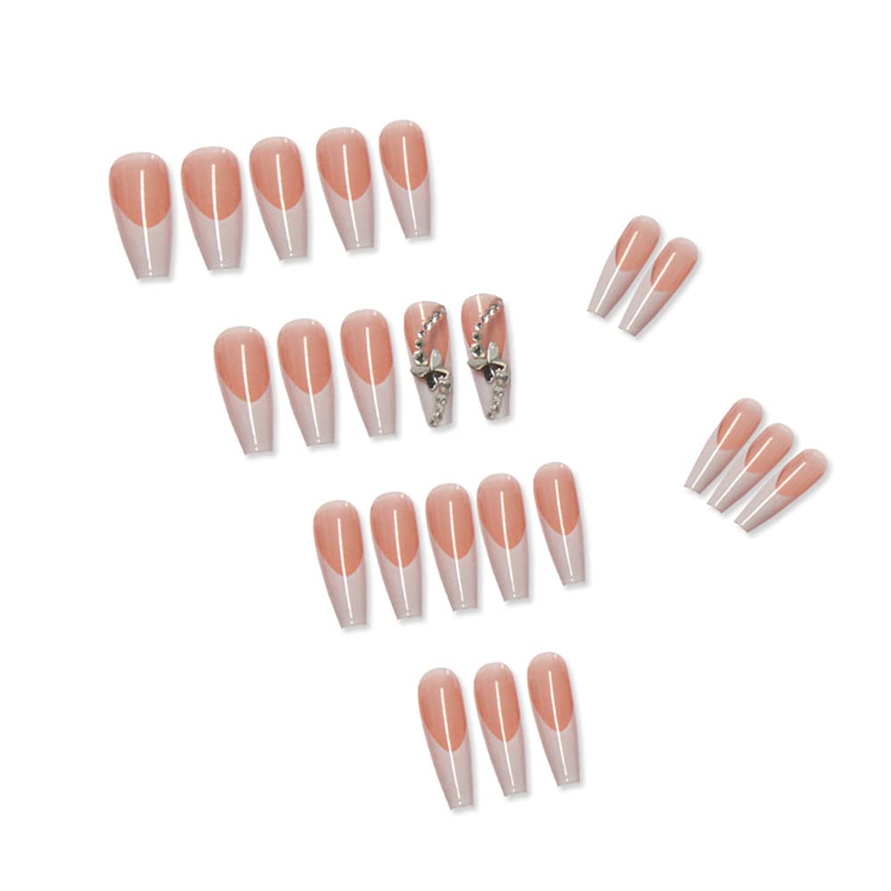 24 Pcs Long Press on Fake Nails - Acrylic Ballet French White with Butterfly Design, Self-Adhesive False Nails for Women & Girls | Perfect for Parties, Weddings, and Special Occasions