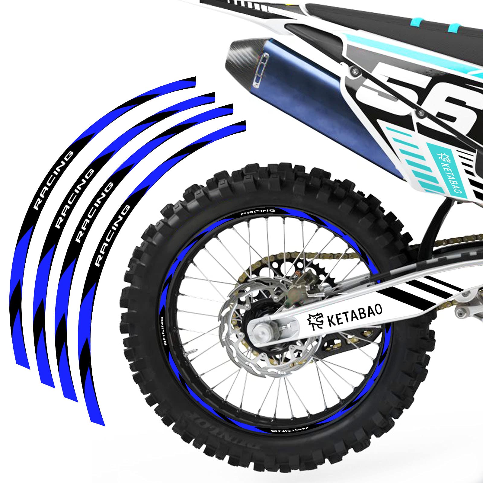 KETABAO Dirt Bike Rim Tape R01 Decal Stickers Stripes - 21 & 19 Inch Wheel Rim Stickers for Honda CRF250R CRF450R CRF 250R 450R - High Visibility Blue Reflective Design - Perfect for Motocross, Off-Road Racing & Trail Riding