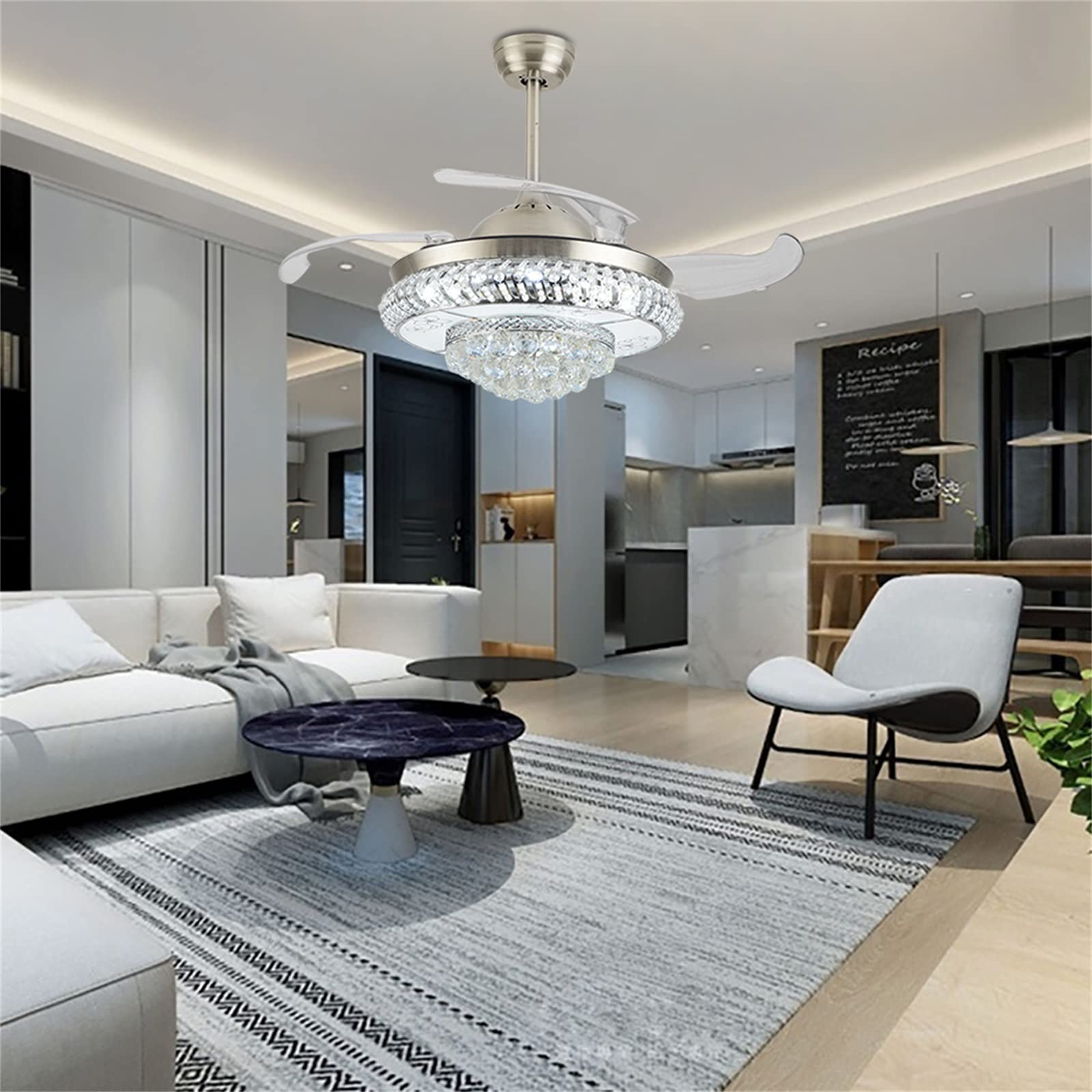 Modern Crystal LED Ceiling Fan with Light - 42 Inch Silver Fandelier with Retractable Blades, Remote Control, 3 Speed Settings & 3 Color Temperatures for Living Room, Bedroom, Dining Room & Kitchen | Energy Efficient Cooling & Stylish Lighting Solution