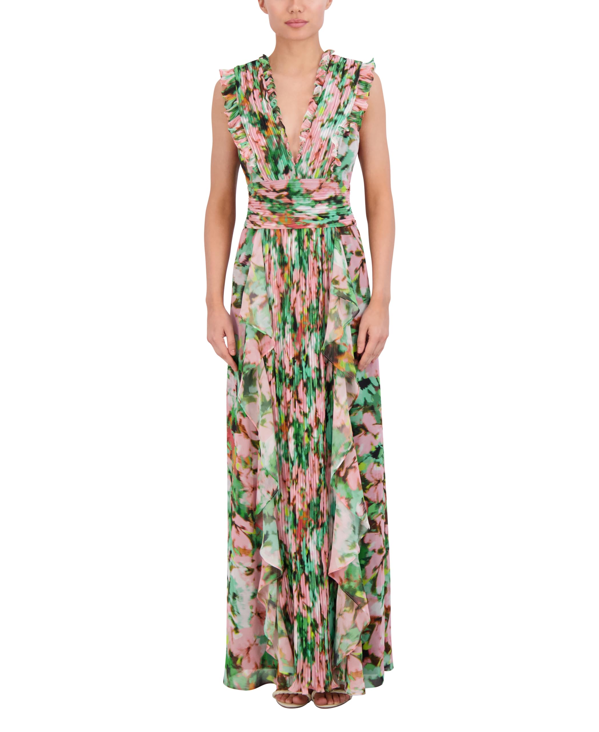 BCBGMAXAZRIA Women's Sleeveless V-Neck Pleated Ruffle Maxi Dress - Elegant Formal Gown for Weddings, Galas & Special Occasions