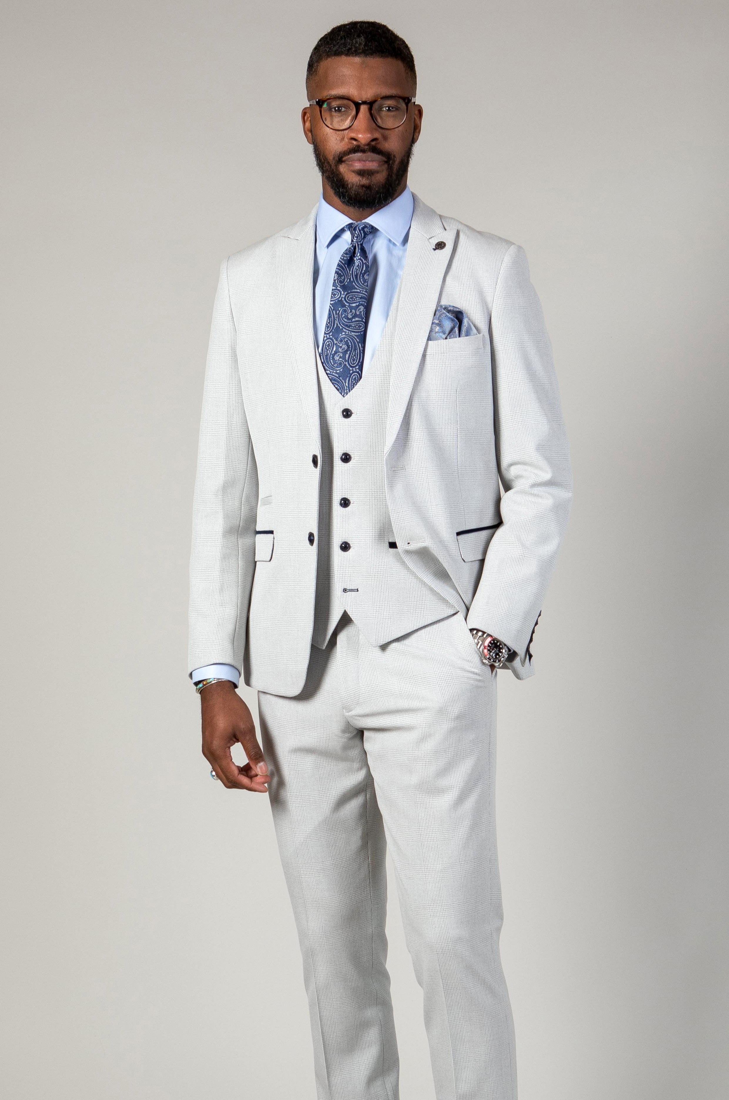 Premium BROMLEY Stone Suit with Kelvin Navy Waistcoat - Formal Business Attire for Men, Weddings & Special Occasions | WBA Collection
