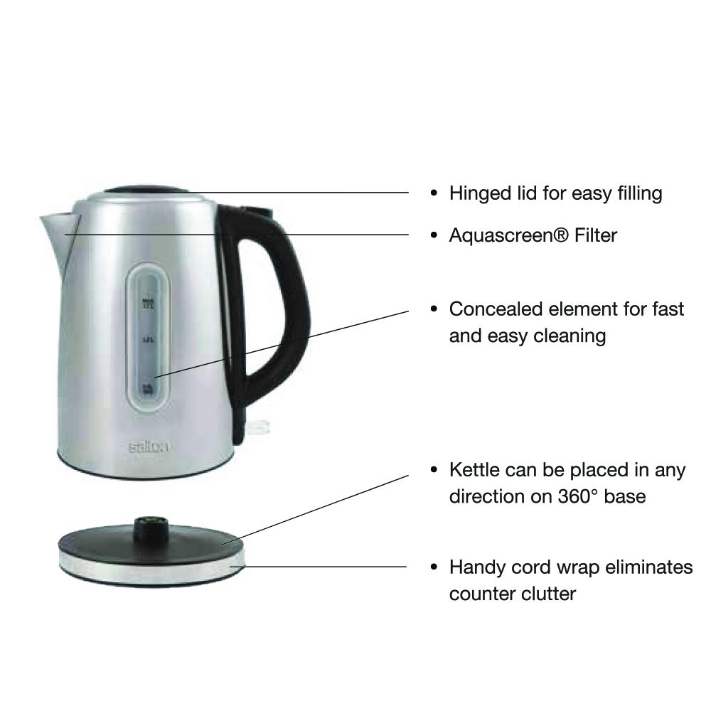 Salton Cordless Electric Kettle 1.7L - Stainless Steel Water Boiler & Tea Heater with Auto Shut-Off, Boil-Dry Protection & Water Level Window - 1500W Fast Heating for Home, Office & Travel (JK1903)