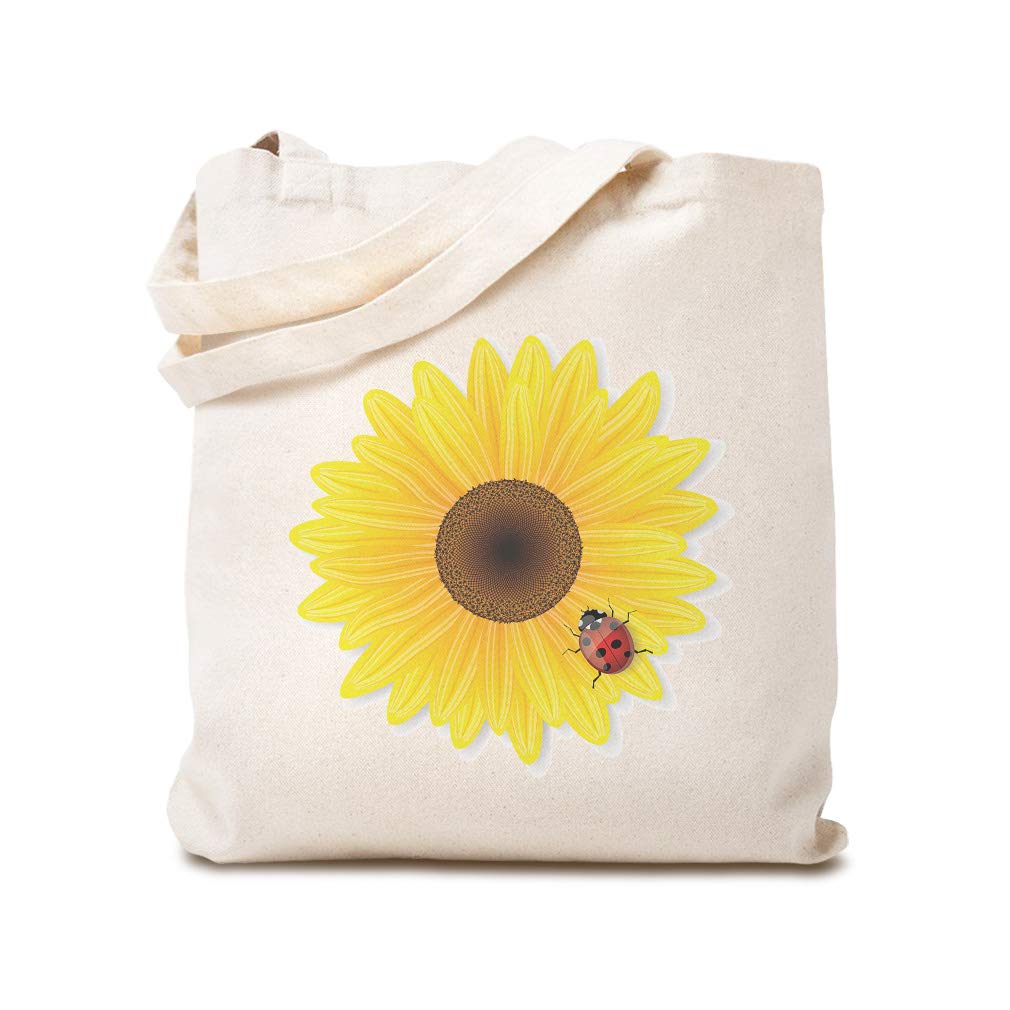 Custom Canvas Tote Bag - Reusable Eco-Friendly Shopping Bag with Sunflower & Ladybug Floral Design - Natural Beach Tote for Kids & Women - Perfect for Groceries, Picnics & Beach Outings