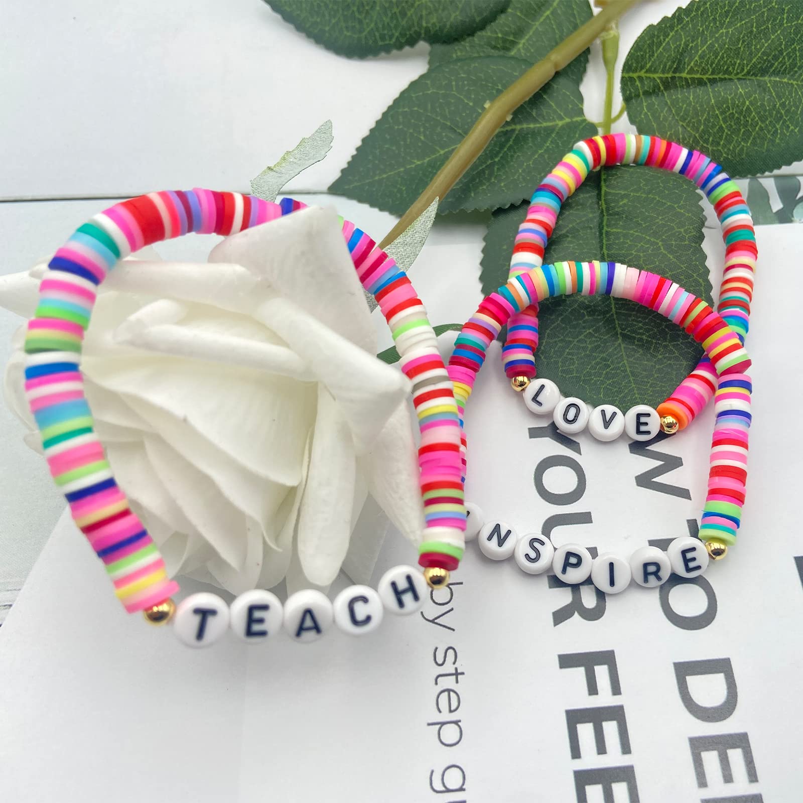 Beaded Teacher Bracelet for Women - Inspirational Teacher Appreciation Gift with Love Teach Inspire Charms - Perfect for Teacher's Day, Retirement, Thank You Gifts & Classroom Appreciation