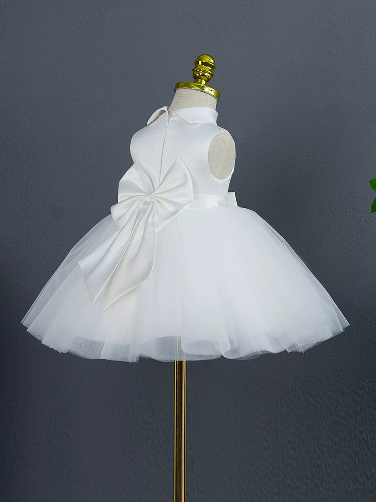 Princess Mock Neck Tea Length Satin Flower Girl Dress in White - Perfect for Weddings, Pageants & Special Occasions