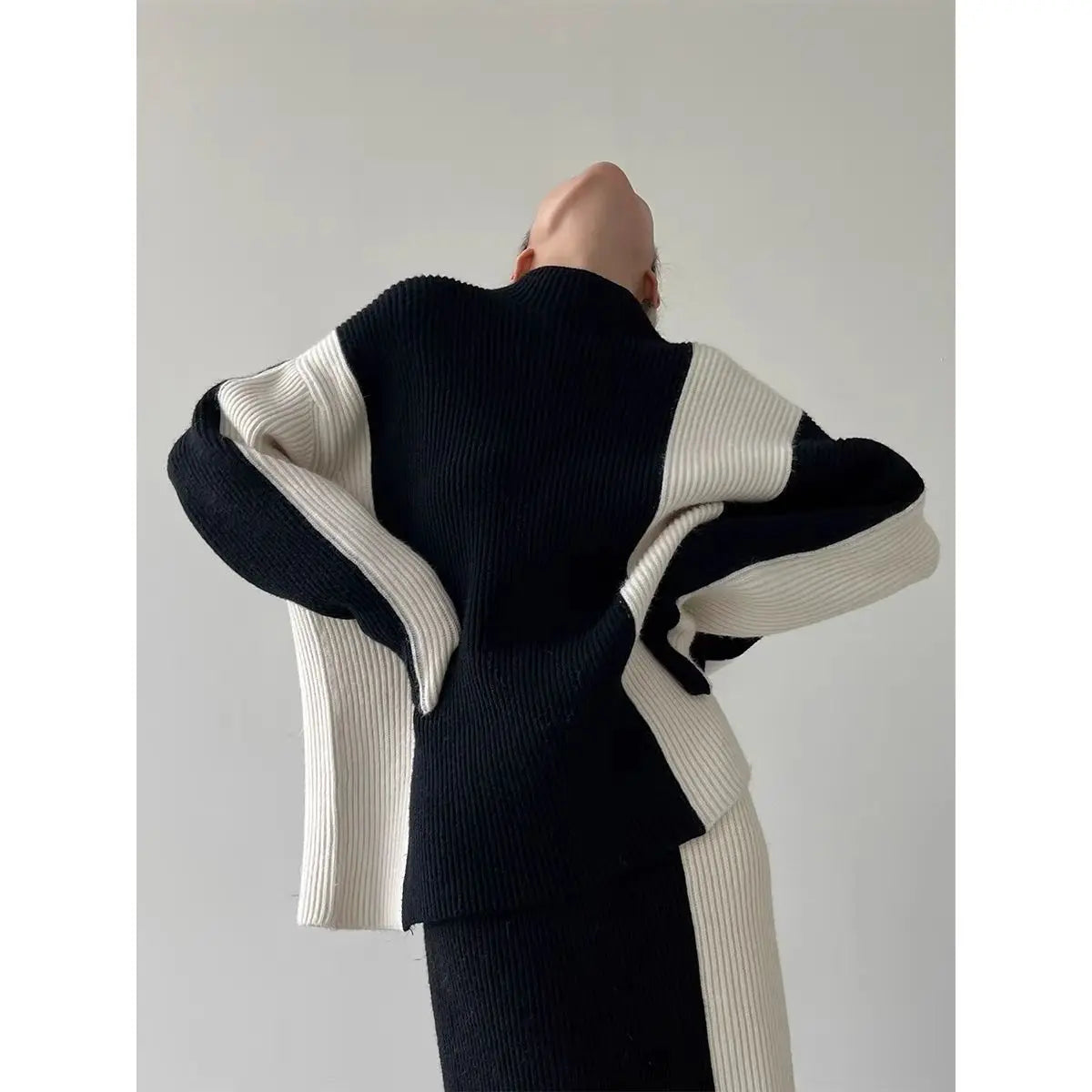 2023 New Y2K Korean Style Knitted Women's Thickened Turtleneck Color Block Sweater & Skirt Two-Piece Set - Cozy Winter Outfit for Casual Wear, Dating, Office & Street Fashion