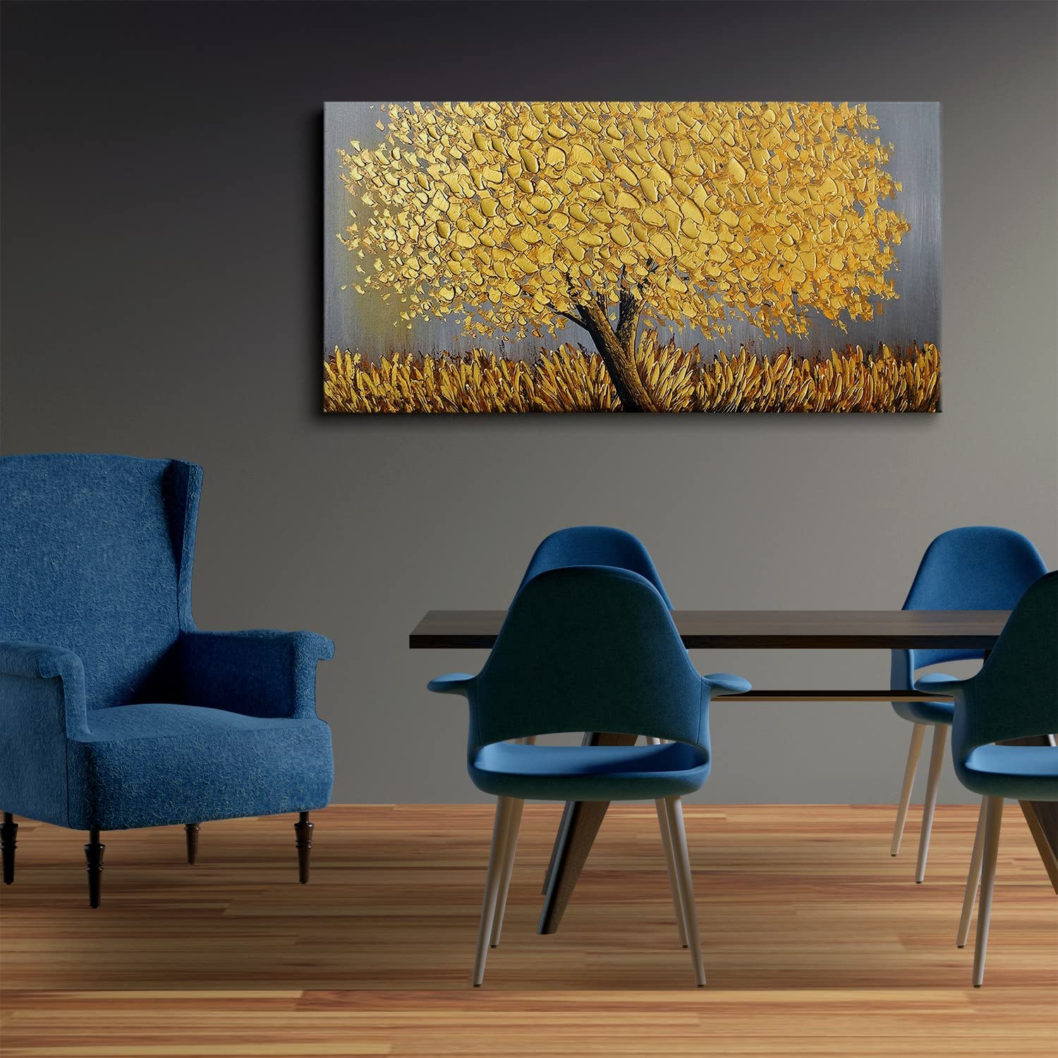 Faicai Art Thick Texture Gold Tree Oil Painting - 3D Palette Knife Canvas Artwork Wall Decor (24x48 Inches) Stretched & Ready to Hang - Perfect for Living Room, Bedroom, Office & Modern Interior Design