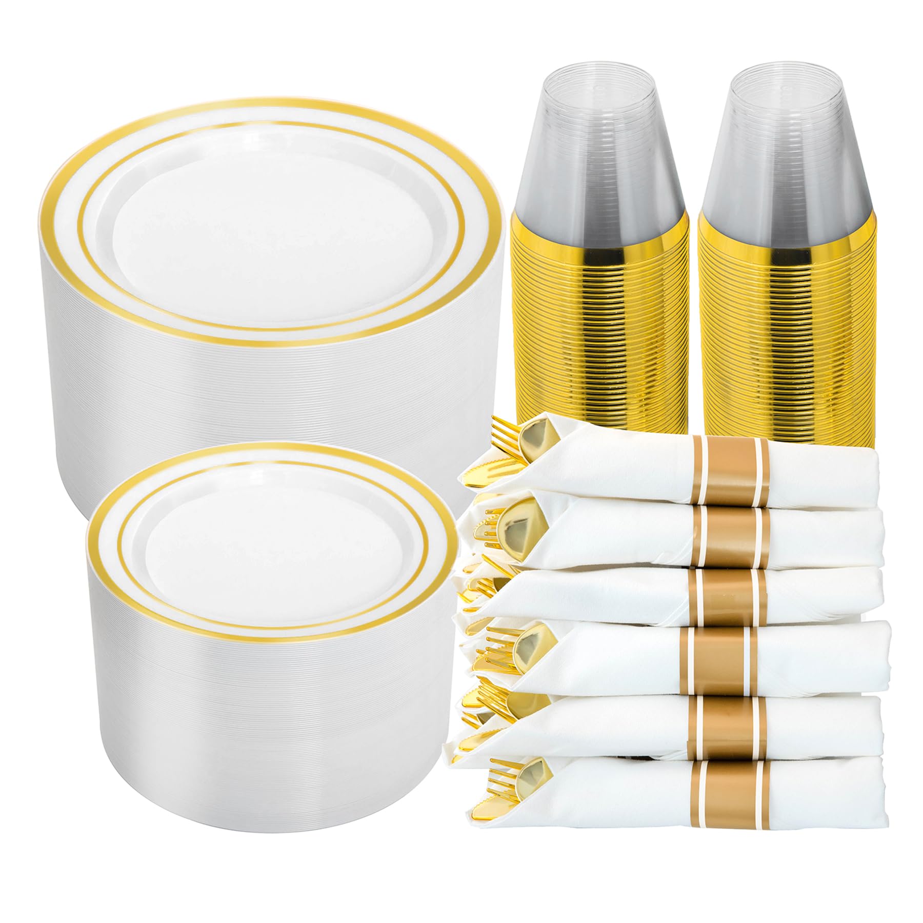 350-Piece Gold Plastic Dinnerware Set for 50 Guests - Disposable Plates, Cups, Napkins & Silverware for Parties, Weddings & Events - Elegant Gold Tableware (50 Dinner Plates, 50 Dessert Plates, 50 Cups, 50 Pre-Rolled Napkins with Cutlery) - Perfect for Birthday Celebrations, Bridal Showers & Holiday Gatherings