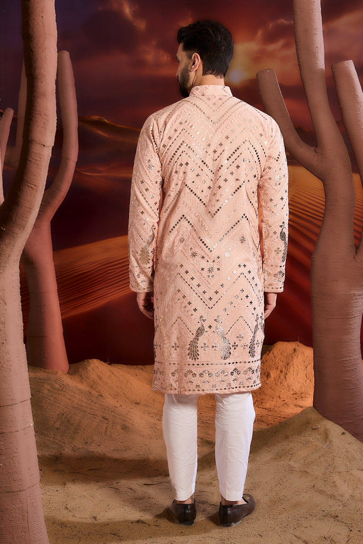 Elegant Pink Leather Patchwork Kurta with Intricate Floral & Fauna Embroidery - Perfect for Festivals, Weddings & Ethnic Fashion