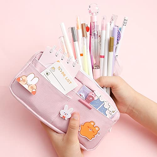 Cute Large Canvas Pencil Case for School - Kawaii Stationery Organizer & Makeup Pouch for Girls, Kids Gift with Badge (Green) - Perfect for School Supplies, Art Storage & Travel Essentials