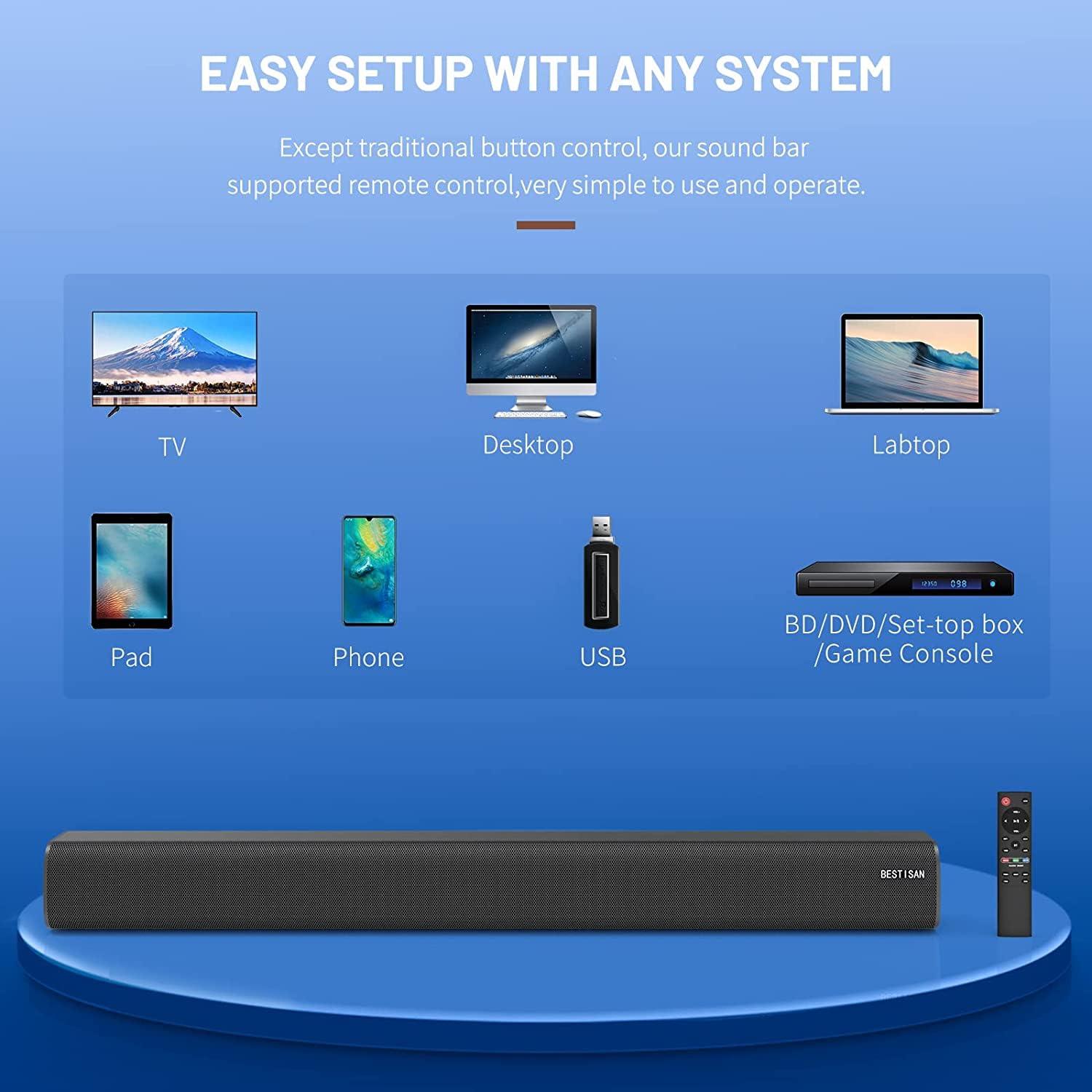 BESTISAN 28 Inch Sound Bar for TV - Bluetooth 5.0 Wired & Wireless Speaker with HDMI/Optical/Aux/RCA/USB, 3 EQ Modes, Remote Control, Wall Mountable - Perfect for Home Theater, Gaming & Movie Nights