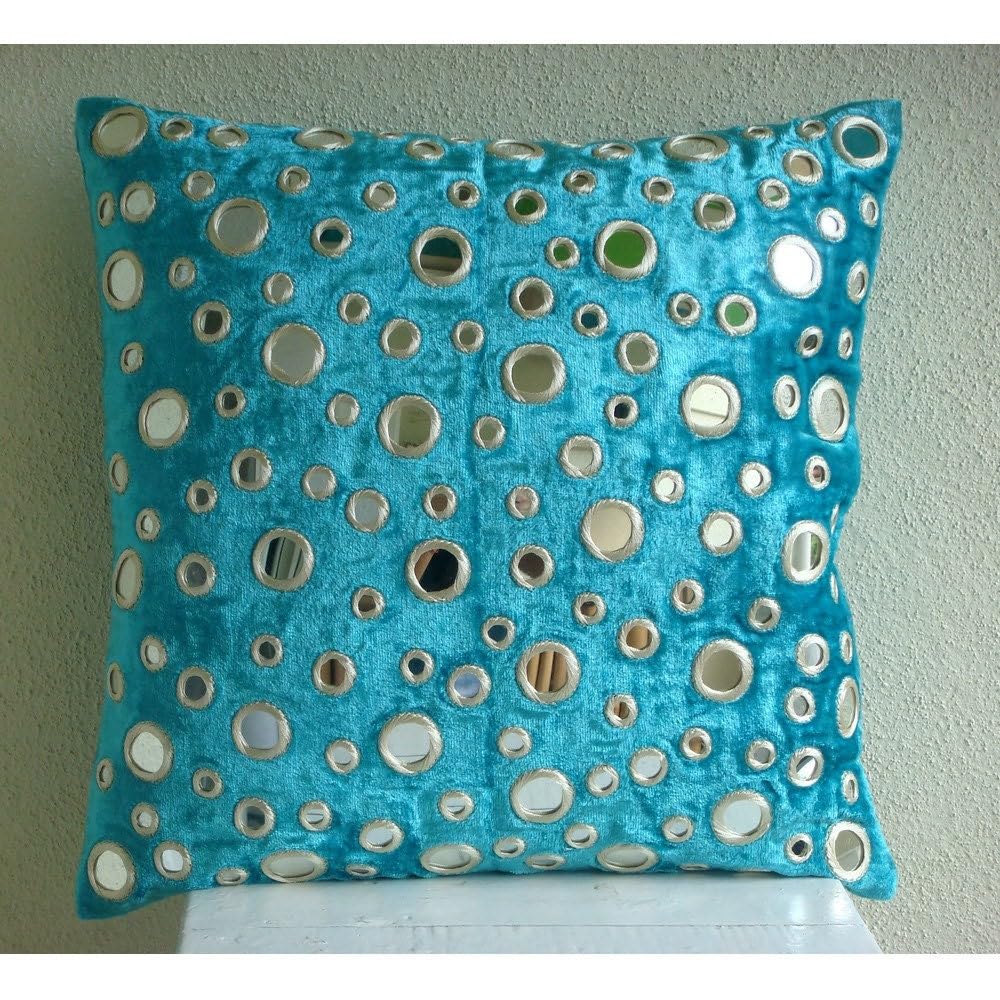 Turquoise Blue Velvet Throw Pillow Covers 18x18 Inch - Geometric Mirror Design Square Cushion Cover for Sofa, Bed & Home Decor - Aqua Reflections Collection