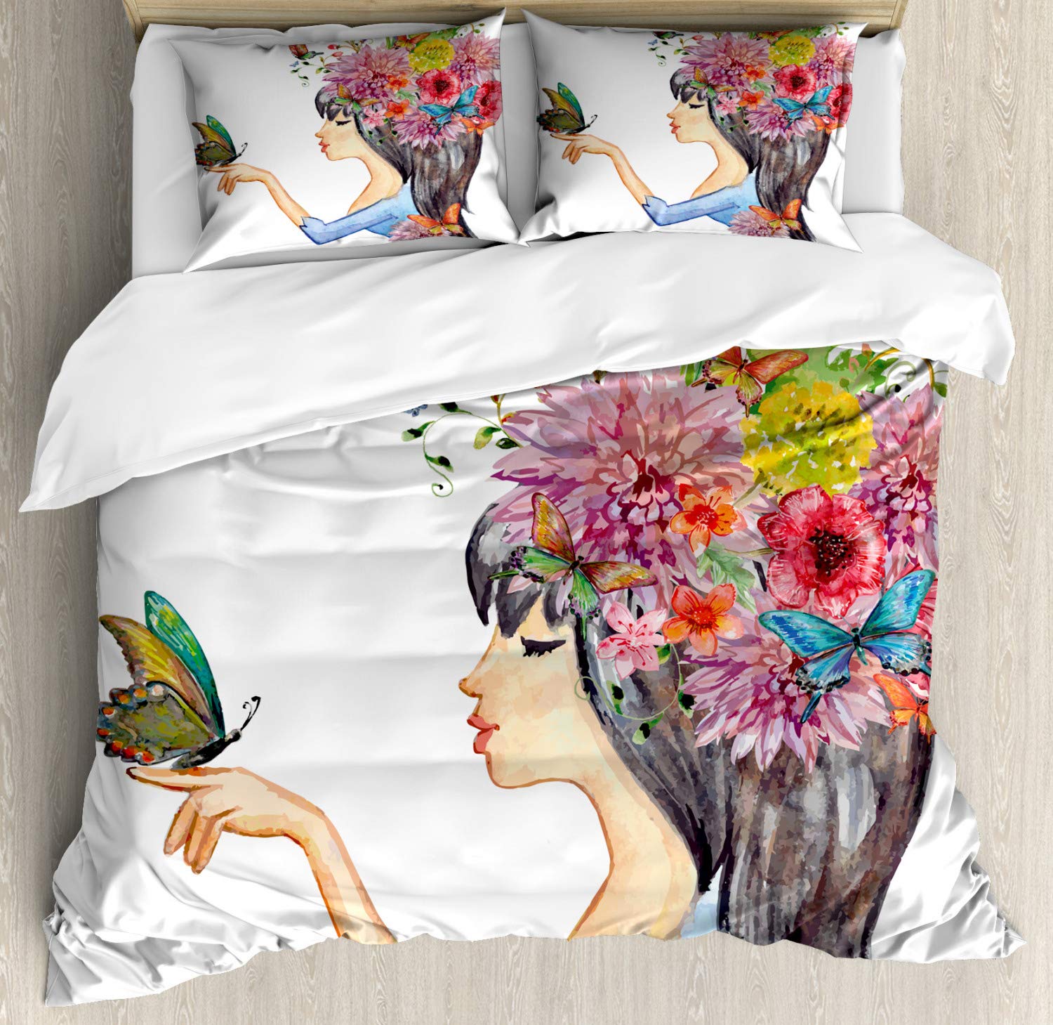 Ambesonne Floral Duvet Cover Set - King Size 3-Piece Bedding with 2 Pillow Shams | Colorful Spring Flowers, Leaves & Butterfly Art Print | Bohemian Home Decor for Master Bedroom, Guest Room & Dorm
