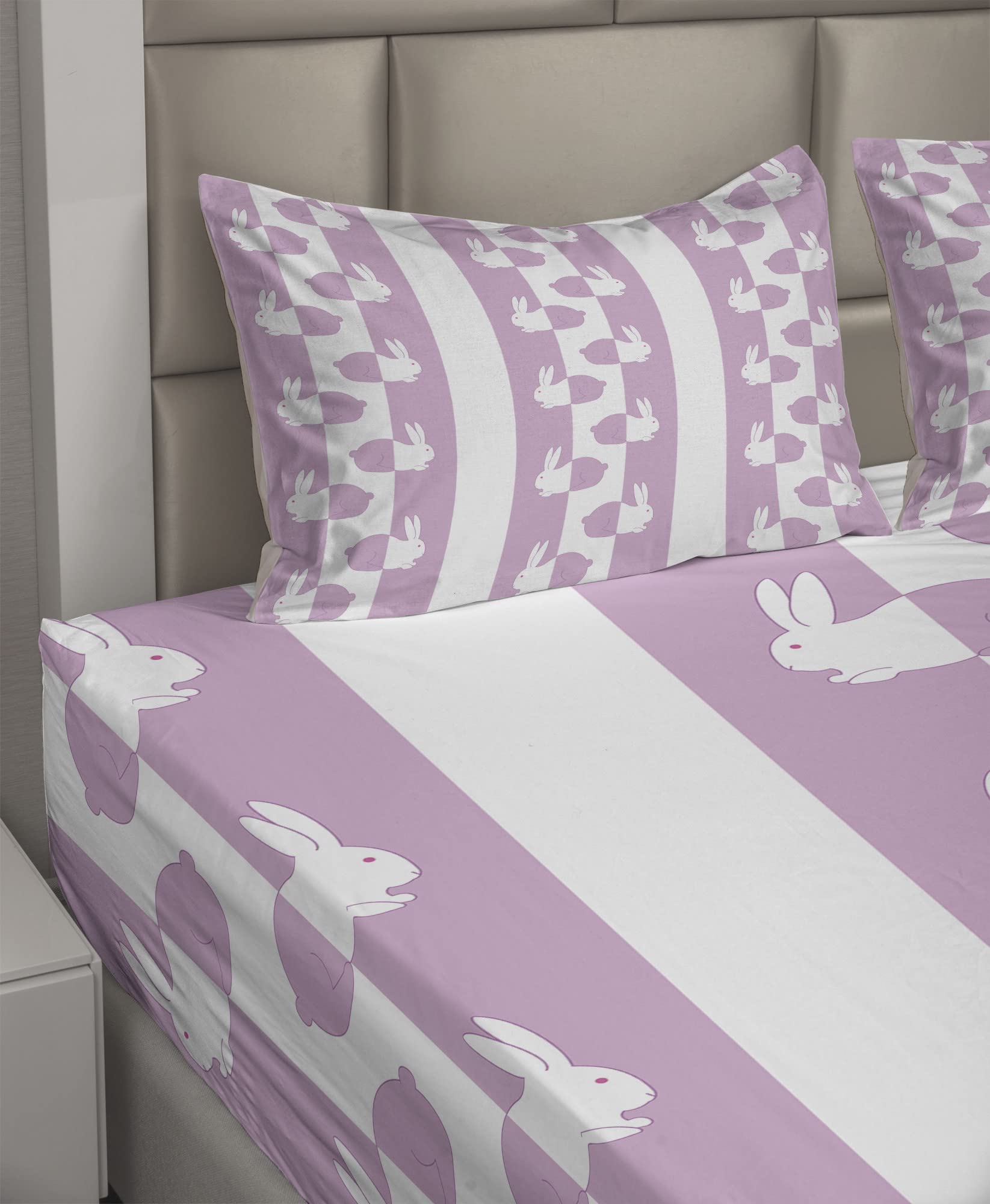 Ambesonne Easter Bunny Rabbit Bed Sheet Set - 4 Piece King Size, Pastel Pink & White Animal Design, Fitted & Flat Sheets with Pillowcases - Perfect for Spring Decor, Girls' Room, Holiday Bedding & Easter Gift