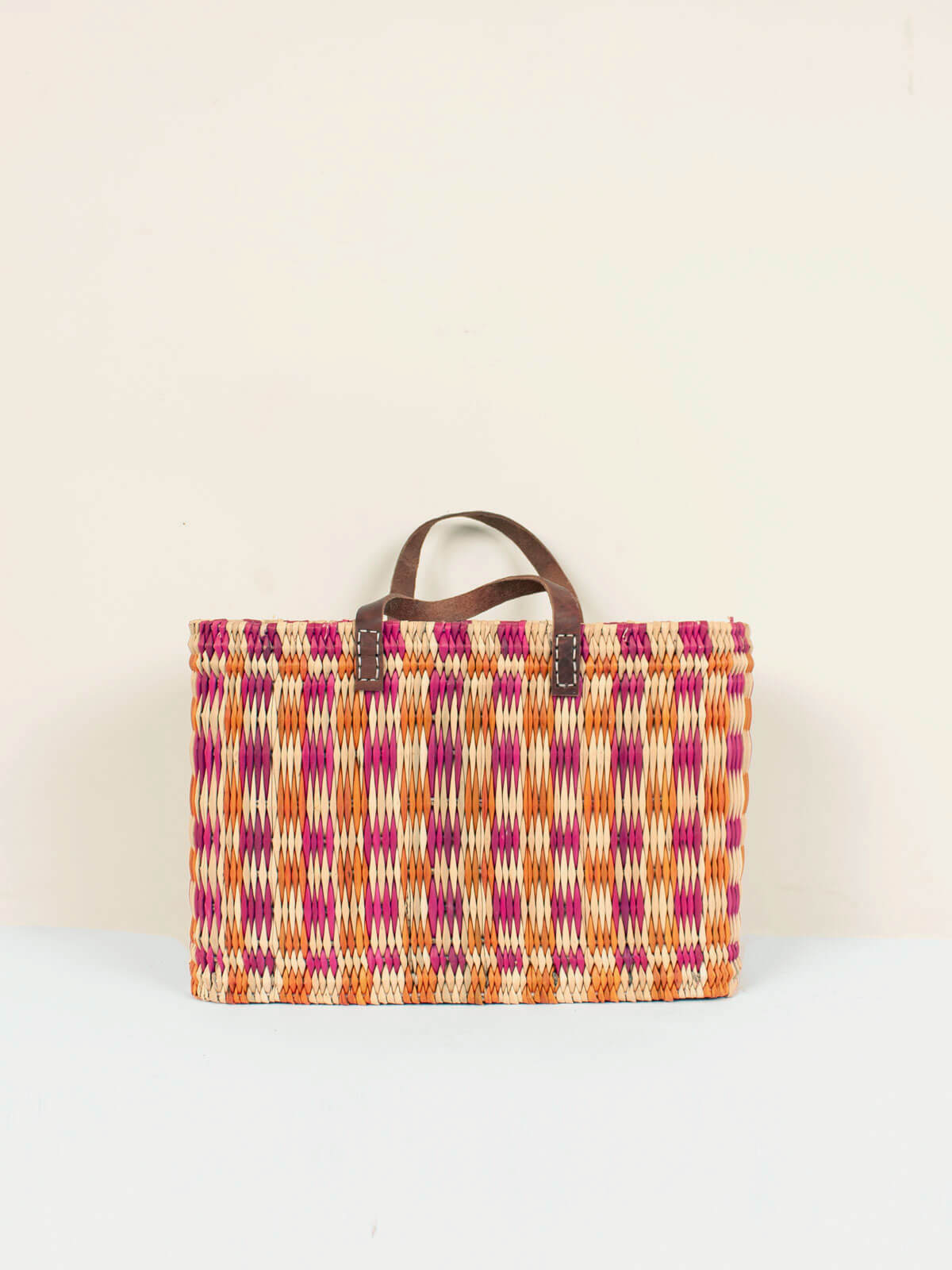 Stylish Pink and Orange Chequered Reed Basket - Perfect for Home Decor, Picnics, and Storage | Handwoven Natural Fiber Organizer for Living Room, Bedroom, or Outdoor Use