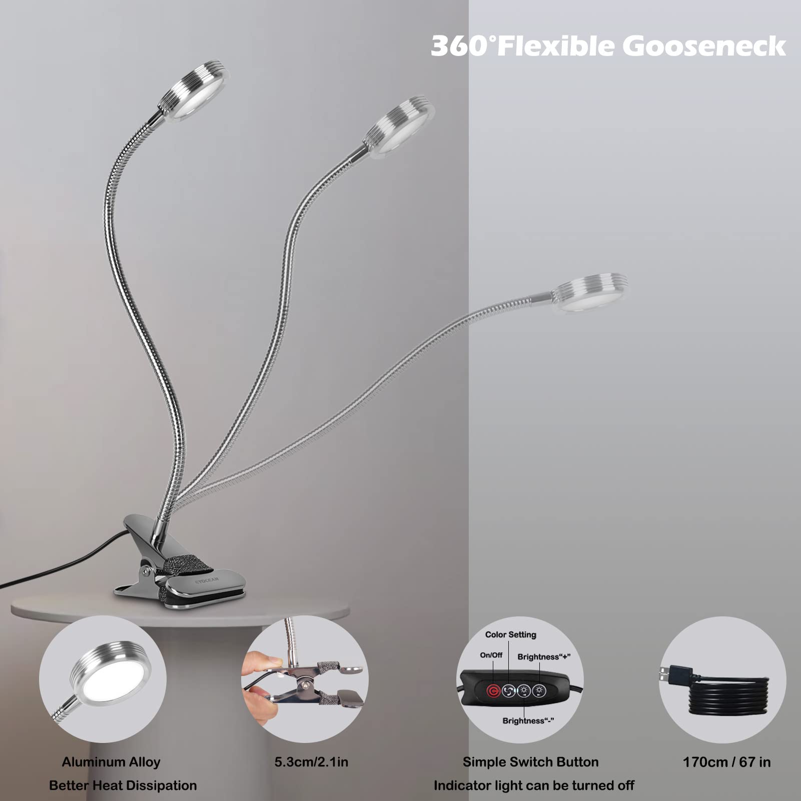 Dimmable LED Clip-On Reading Light with 3 Modes & 9 Brightness Levels - Flexible Desk Lamp for Bed Headboard, Office, Study - Perfect for Night Reading, Working & Studying (5W, Silver, AC Adapter Included)