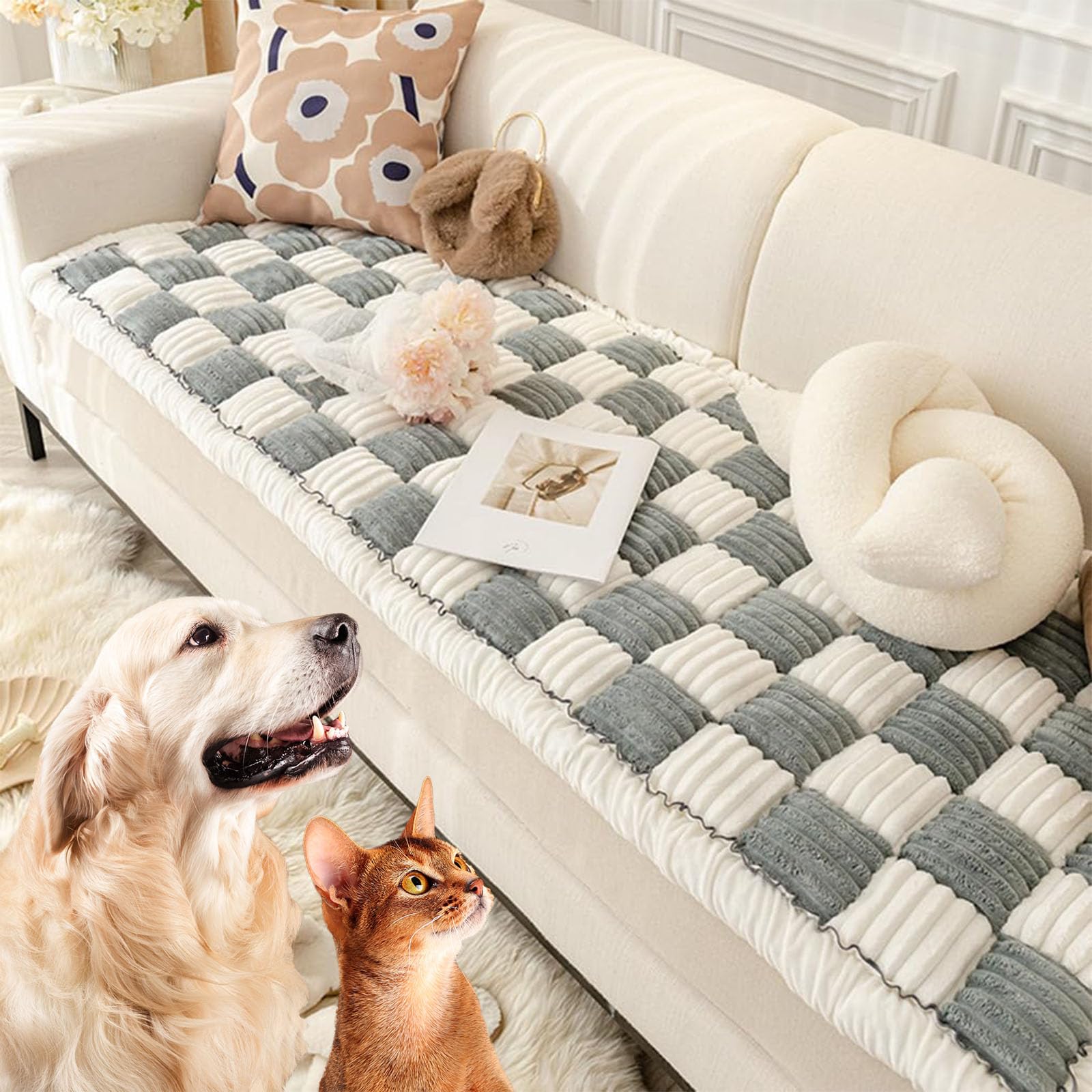 Soft & Funny Fuzzy Pet Couch Cover for Dogs & Cats - Blue Gray Sofa Protector 23.6 x 63 Inches - Perfect for Living Room Furniture Protection & Pet Comfort