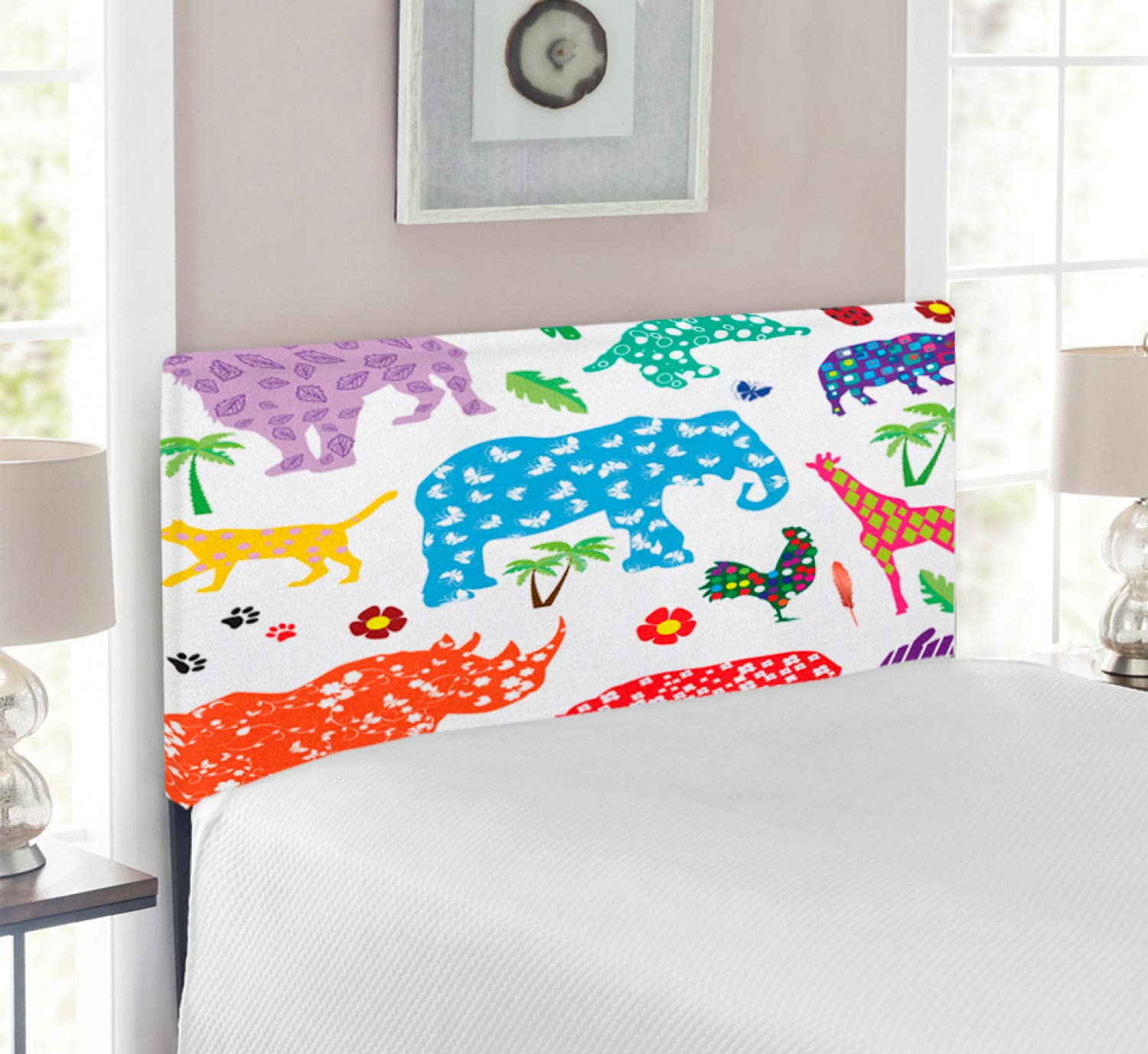 Ambesonne African Wild Animal Floral Upholstered Headboard - Twin Size Decorative Metal Bed Headboard with Memory Foam for Bedroom Decor | Safari Theme Home Decor & Guest Room Accent Piece