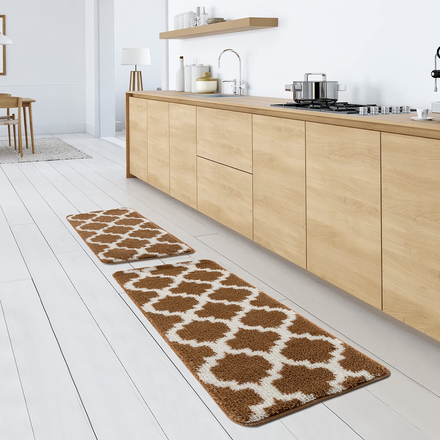 Wunderlin Soft Trellis Non-Slip Washable Kitchen Runner Rugs Set of 2 - Brown, Anti-Skid Floor Mat for Kitchen, Dining Room & High Traffic Areas