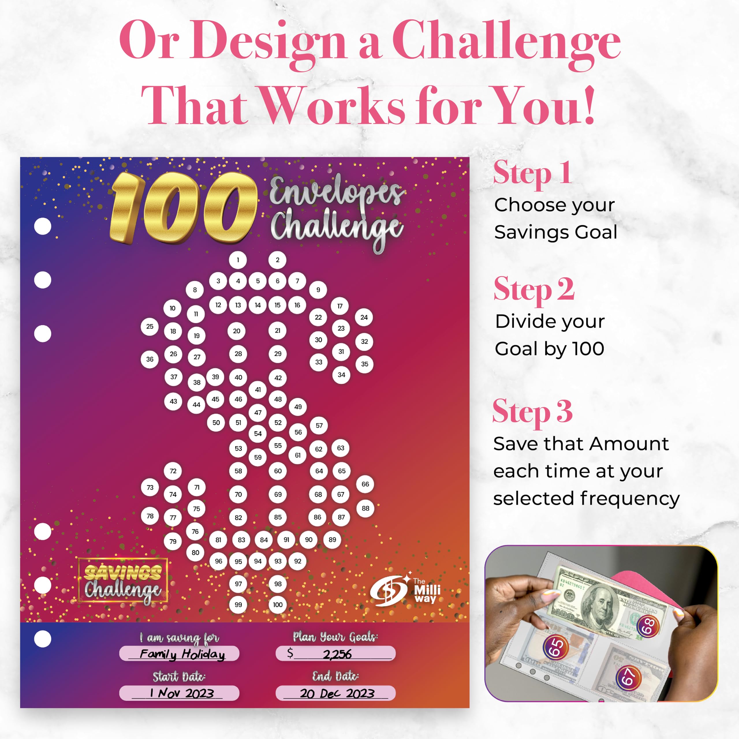100 Envelope Money Saving Challenge Binder - Budget Tracker & Savings Organizer for $5050 in 100 Days | Fun Cash Envelope System for Financial Goals | Perfect for Home Budgeting, Emergency Funds & Debt Payoff (Pink)
